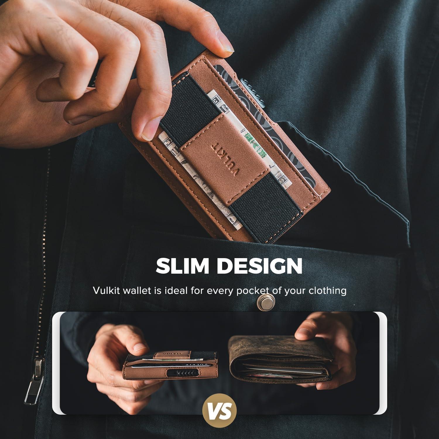 image:imageVULKIT Mens Minimalist Wallet for Max 8 Cards with PopUp Credit Card Ejector RFID Blocking ID Window and Elastic Strap for Bills or Keyring Gift Box Packed BlueBrown