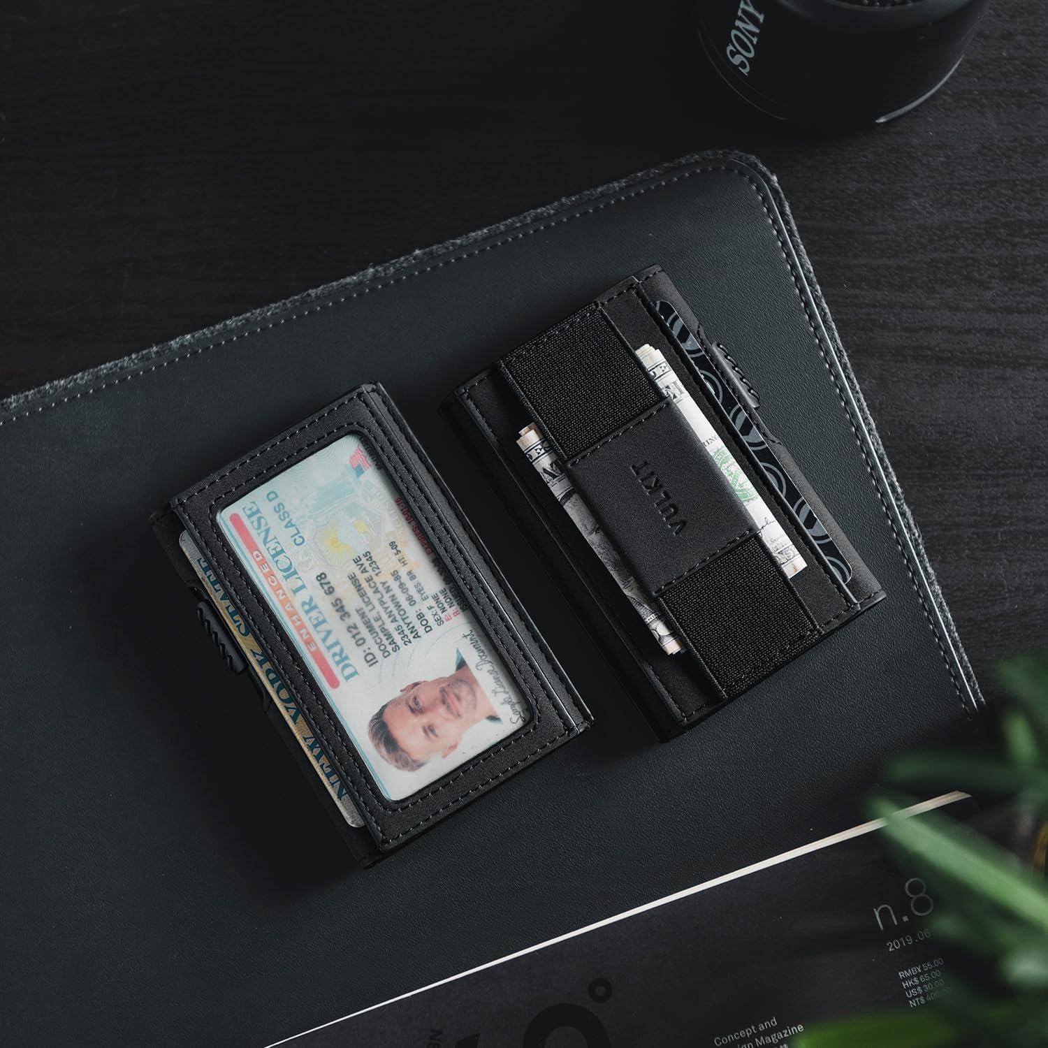 image:imageVULKIT Mens Minimalist Wallet for Max 8 Cards with PopUp Credit Card Ejector RFID Blocking ID Window and Elastic Strap for Bills or Keyring Gift Box Packed BlueBlack