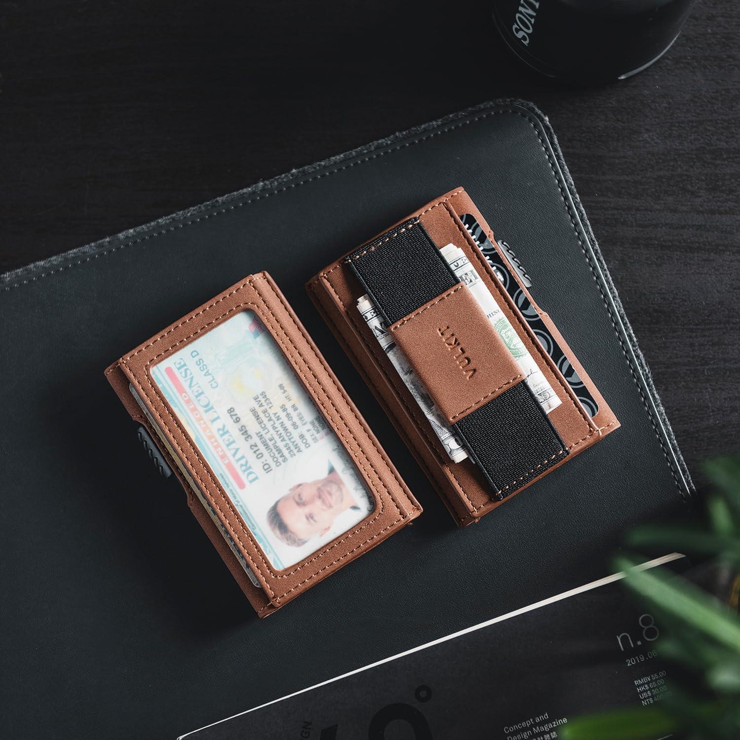 image:imageVULKIT Mens Minimalist Wallet for Max 8 Cards with PopUp Credit Card Ejector RFID Blocking ID Window and Elastic Strap for Bills or Keyring Gift Box Packed BlueBrown
