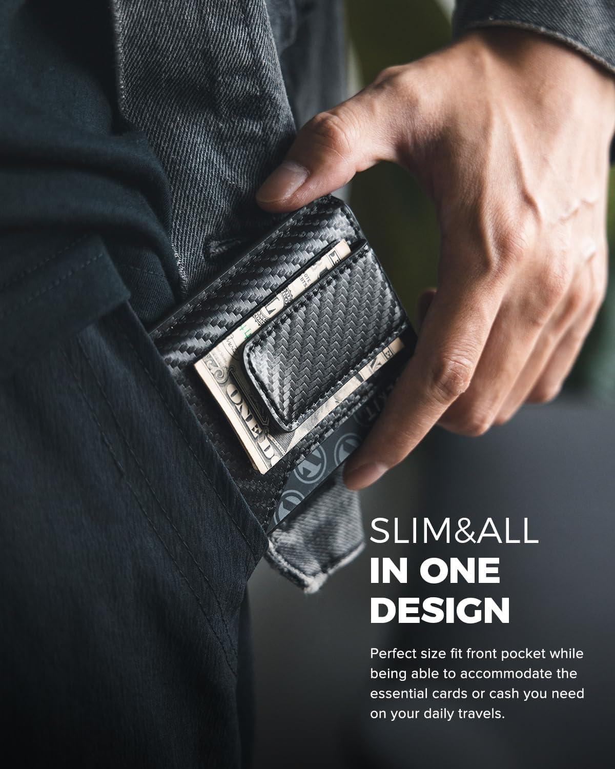 image:imageVULKIT Mens Wallet Card Holder Pop Up Card Wallet Slim Leather RFID Blocking Minimalist Wallet With Money ClipCarbon Fiber Black