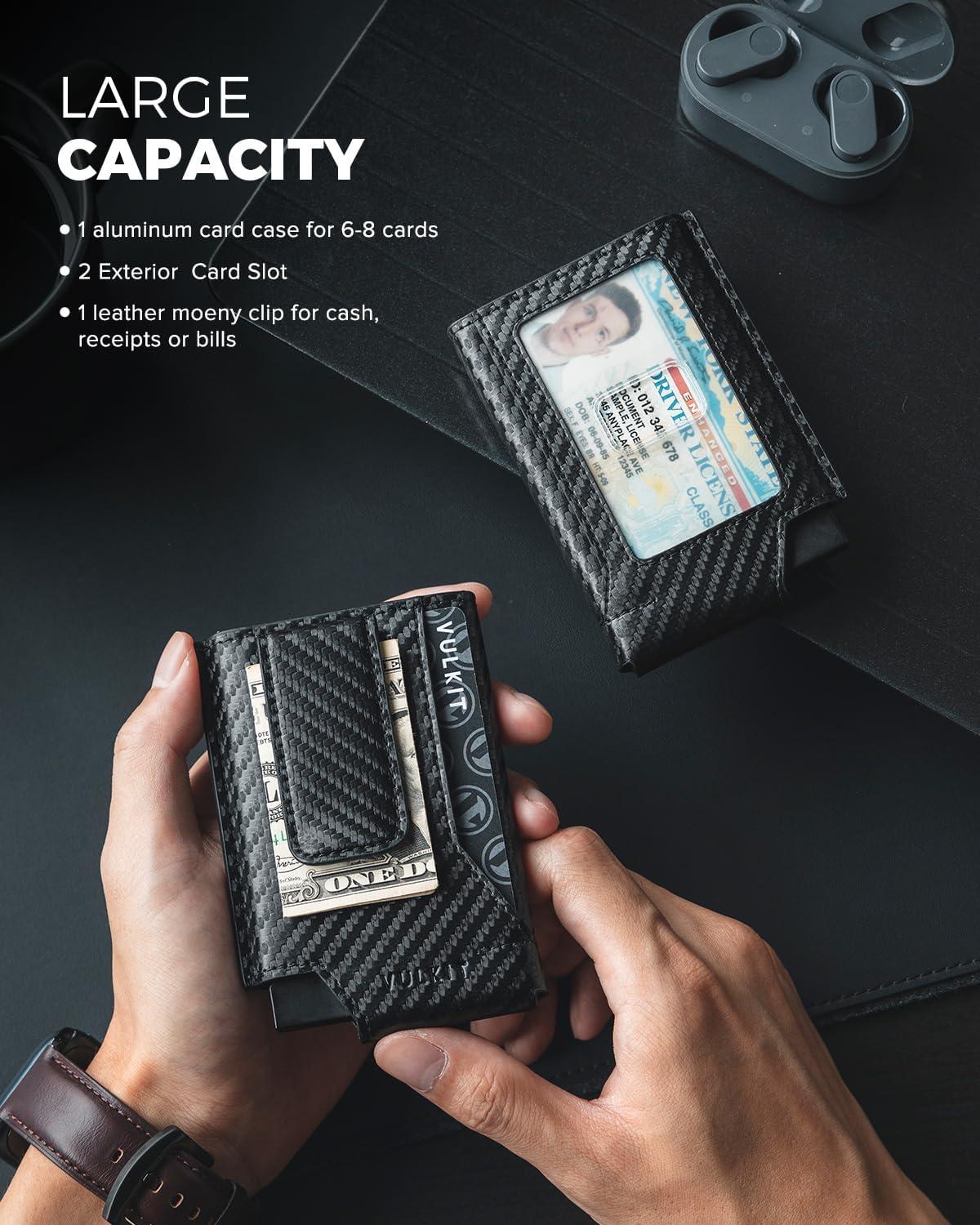 image:imageVULKIT Mens Wallet Card Holder Pop Up Card Wallet Slim Leather RFID Blocking Minimalist Wallet With Money ClipCarbon Fiber Black