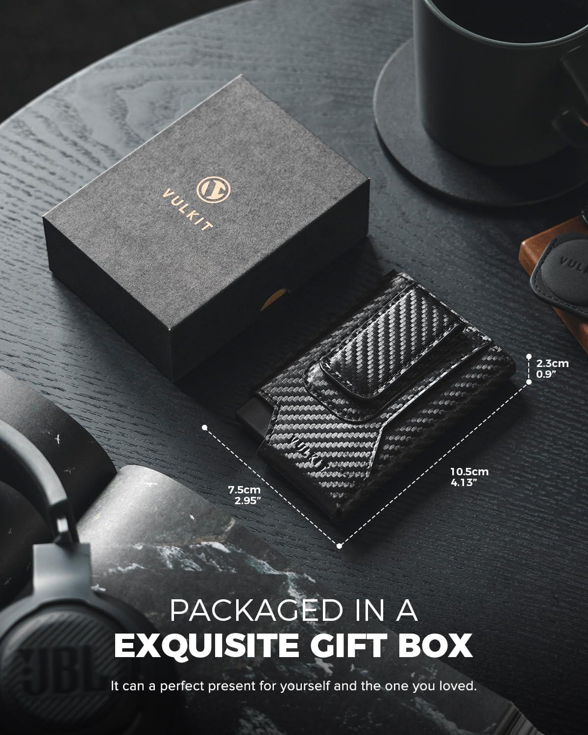 image:imageVULKIT Mens Wallet Card Holder Pop Up Card Wallet Slim Leather RFID Blocking Minimalist Wallet With Money ClipCarbon Fiber Black