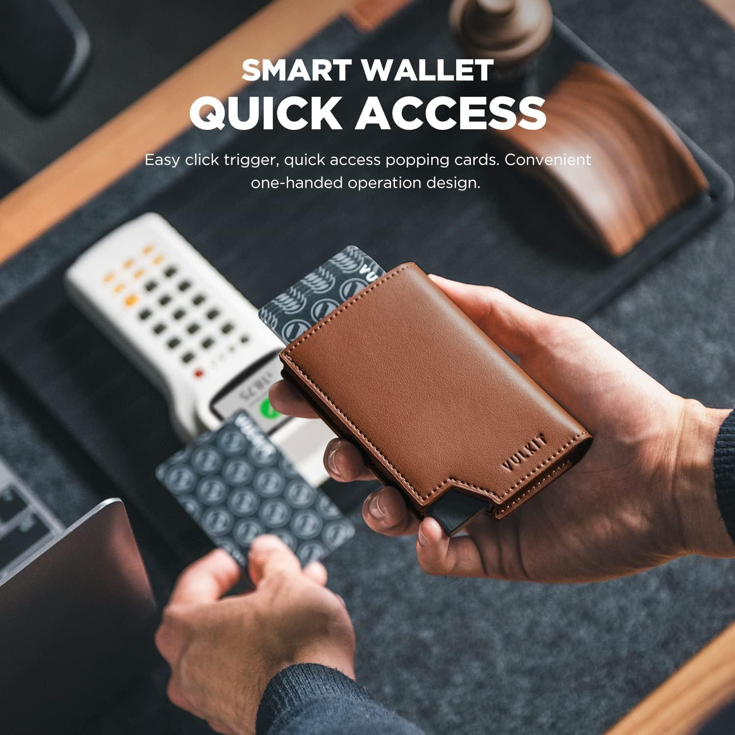 image:imageVULKIT Mens Wallet Top Grain Leather Minimalist Pop Up Card Holder RFID Blocking Magnetic Closure Leather Wallet with ID Window for Cash amp Credit Cards Up To 11 CardsBrown
