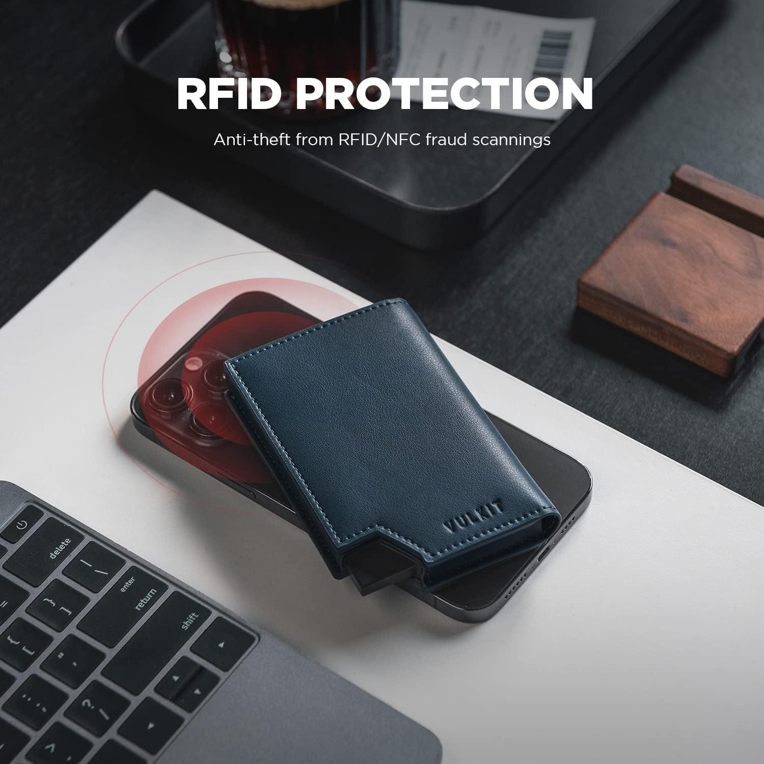 image:imageVULKIT Mens Wallet Top Grain Leather Minimalist Pop Up Card Holder RFID Blocking Magnetic Closure Leather Wallet with ID Window for Cash amp Credit Cards Up To 11 CardsNavy