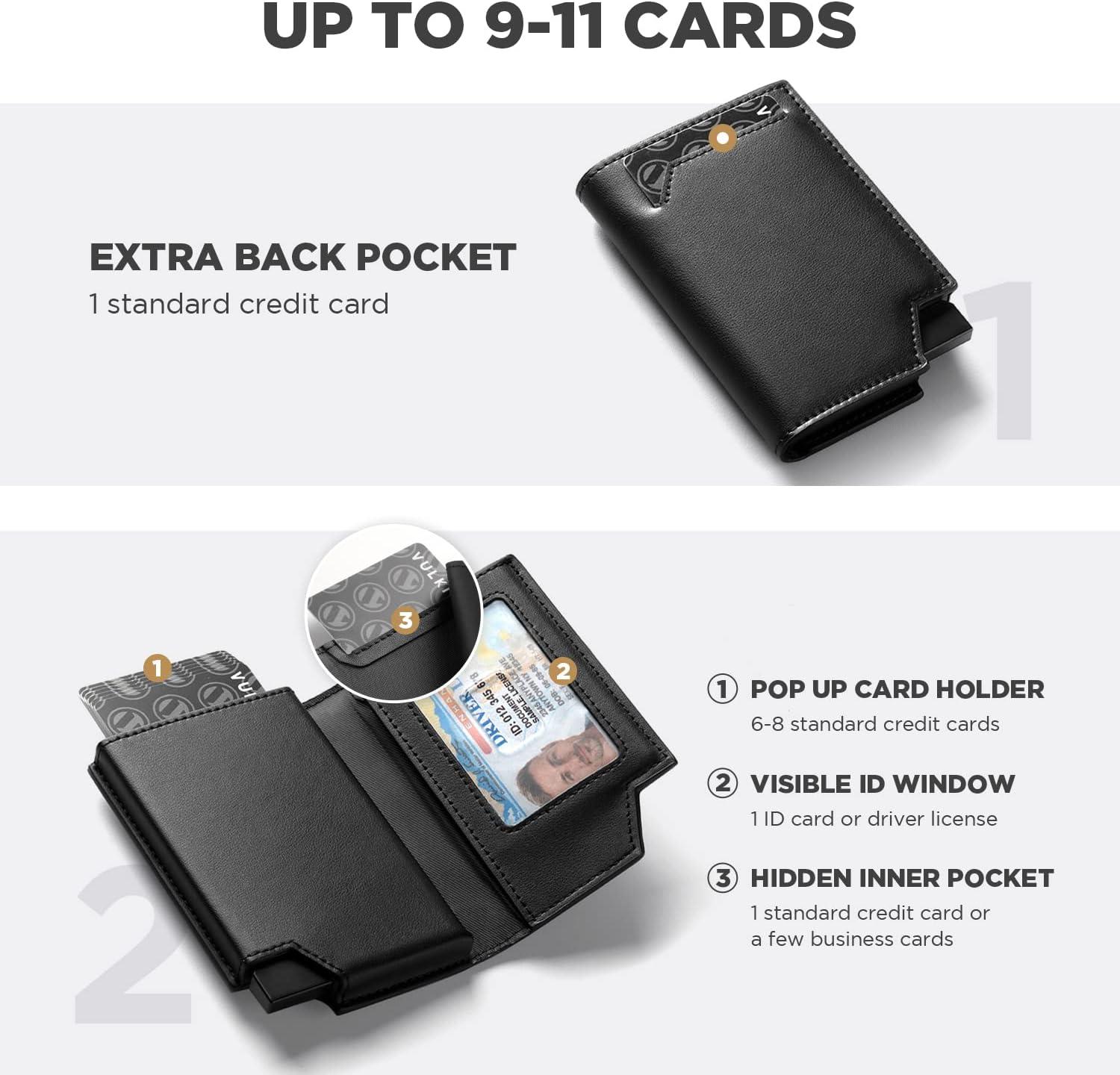 image:imageVULKIT Mens Wallet Top Grain Leather Minimalist Pop Up Card Holder RFID Blocking Magnetic Closure Leather Wallet with ID Window for Cash amp Credit Cards Up To 11 CardsBlack
