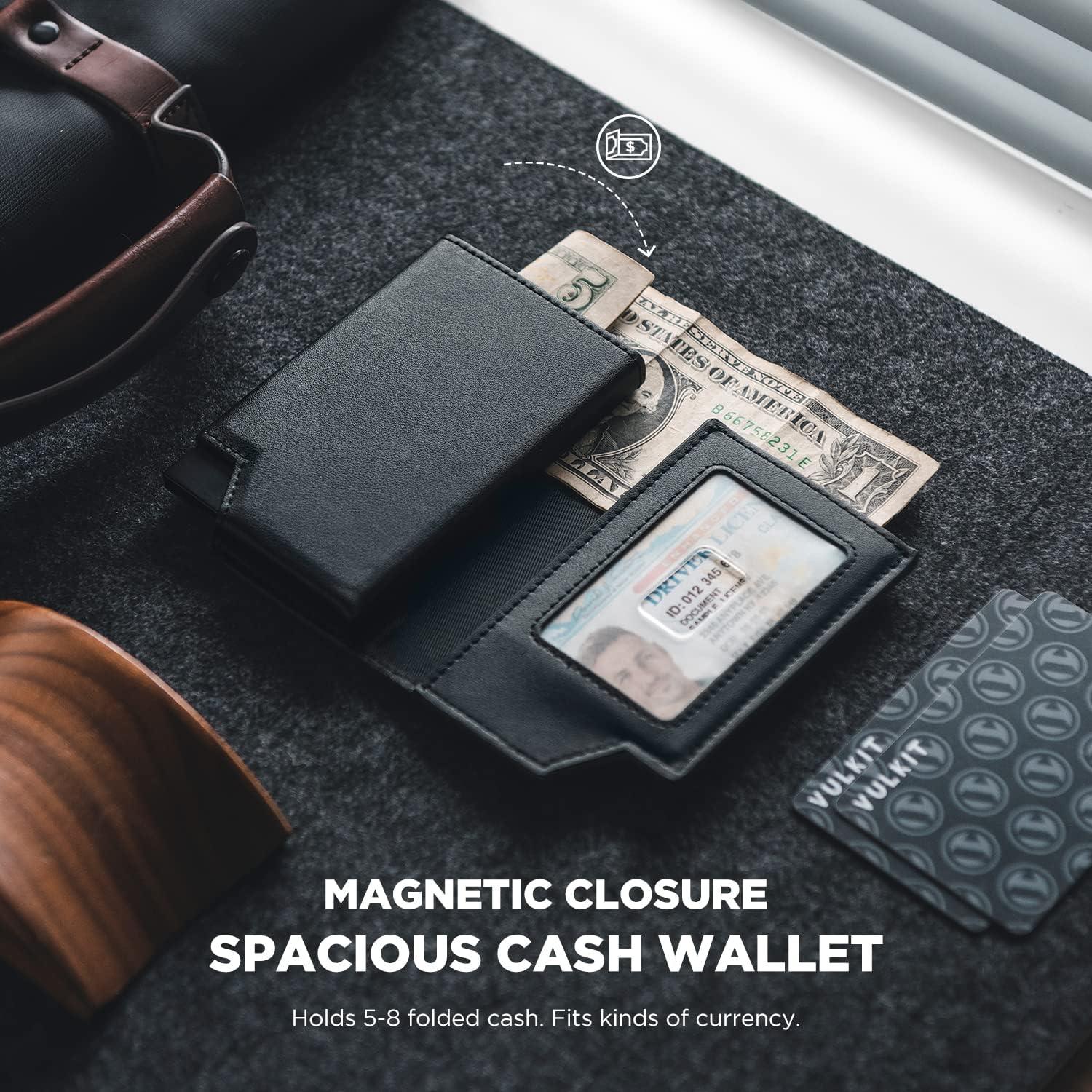 image:imageVULKIT Mens Wallet Top Grain Leather Minimalist Pop Up Card Holder RFID Blocking Magnetic Closure Leather Wallet with ID Window for Cash amp Credit Cards Up To 11 CardsBlack