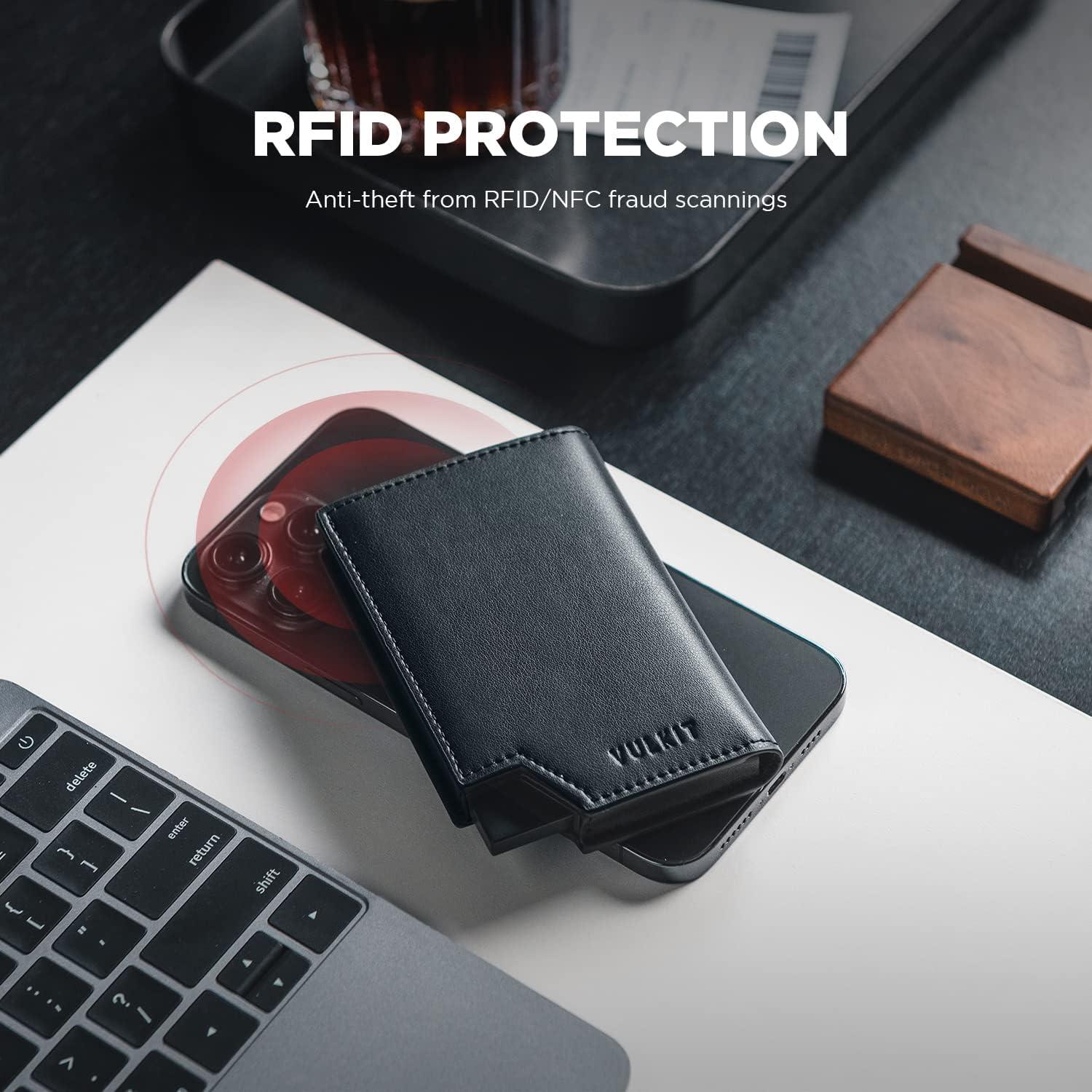 image:imageVULKIT Mens Wallet Top Grain Leather Minimalist Pop Up Card Holder RFID Blocking Magnetic Closure Leather Wallet with ID Window for Cash amp Credit Cards Up To 11 CardsBlack