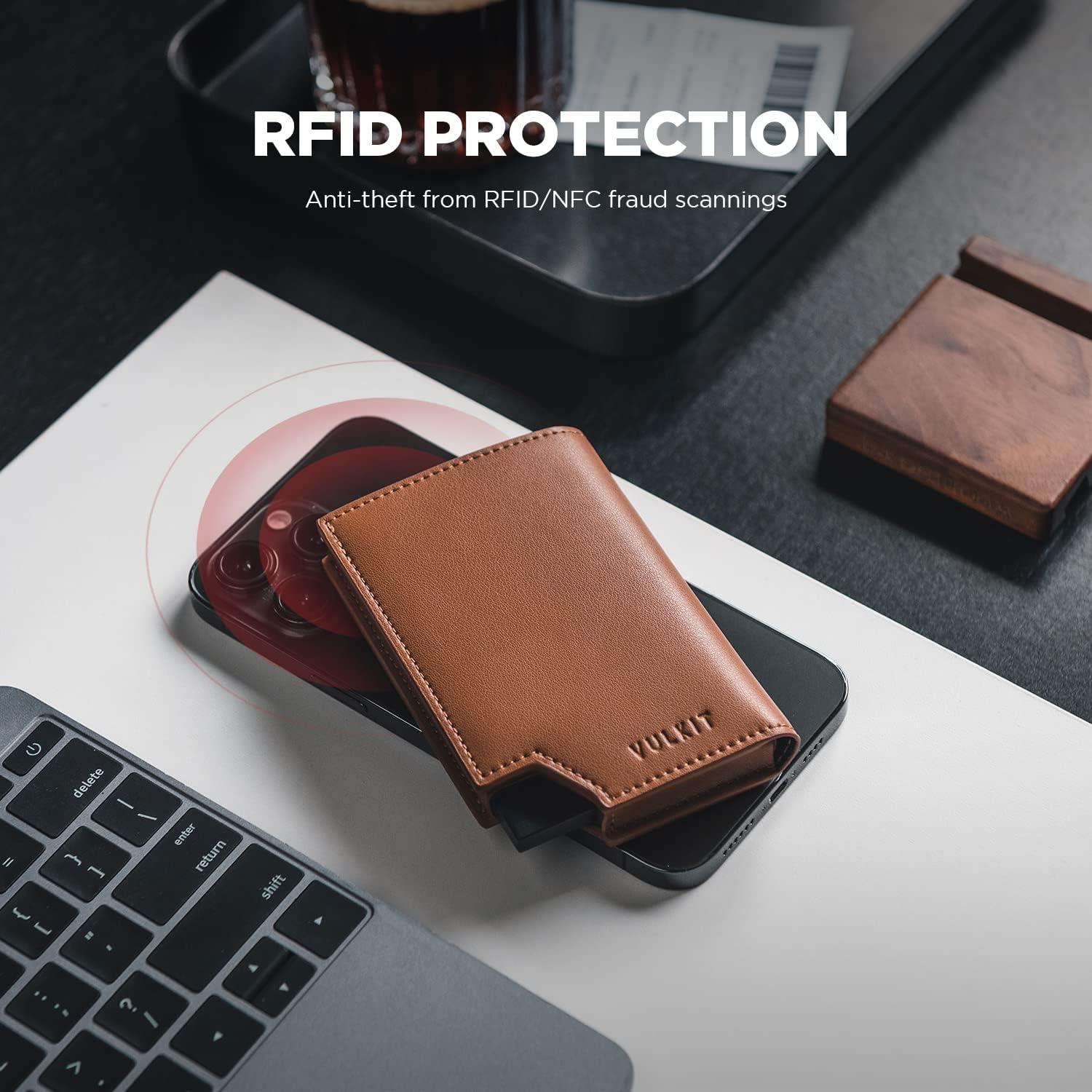 image:imageVULKIT Mens Wallet Top Grain Leather Minimalist Pop Up Card Holder RFID Blocking Magnetic Closure Leather Wallet with ID Window for Cash amp Credit Cards Up To 11 CardsBrown