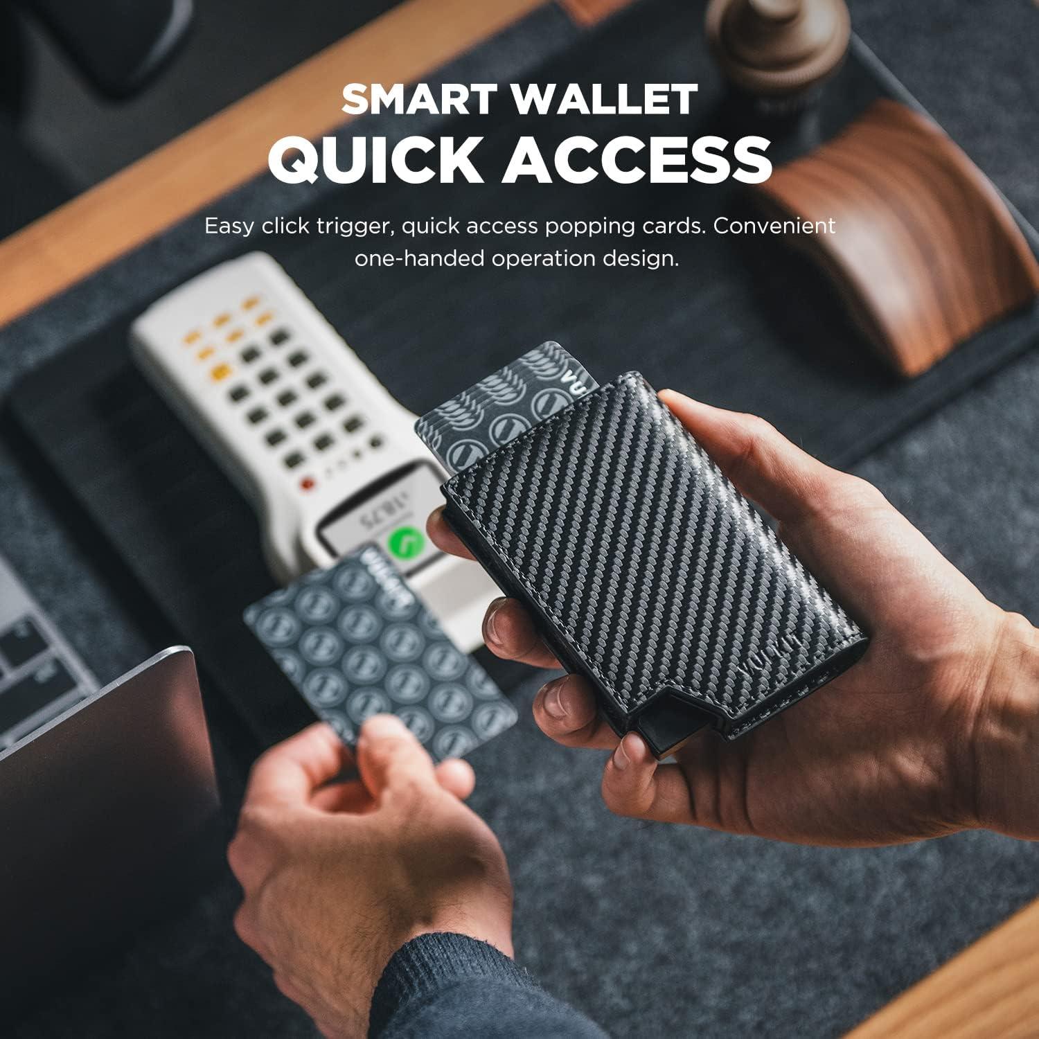 image:imageVULKIT Mens Wallet Top Grain Leather Minimalist Pop Up Card Holder RFID Blocking Magnetic Closure Leather Wallet with ID Window for Cash amp Credit Cards Up To 11 CardsCF Black