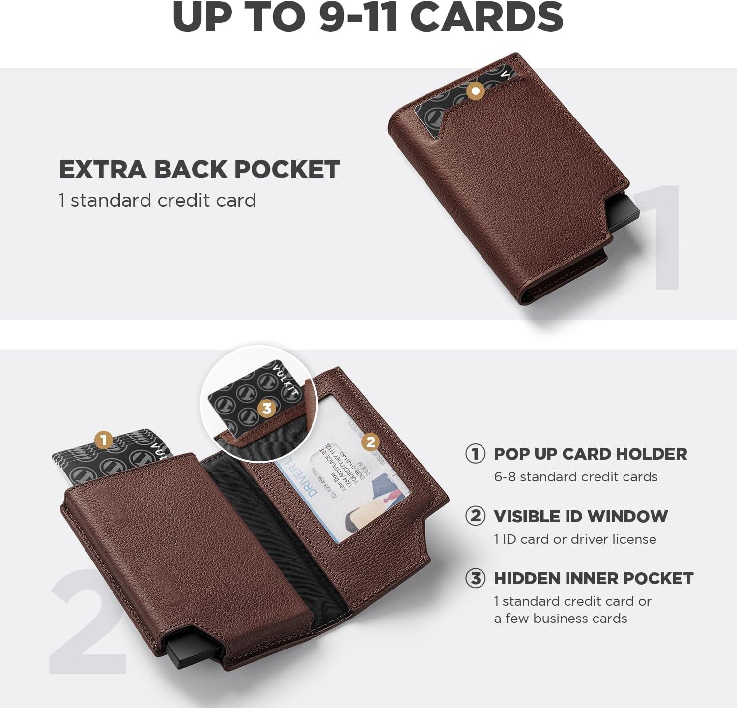 image:imageVULKIT Mens Wallet Top Grain Leather Minimalist Pop Up Card Holder RFID Blocking Magnetic Closure Leather Wallet with ID Window for Cash amp Credit Cards Up To 11 CardsTop Grain LeatherEspresso