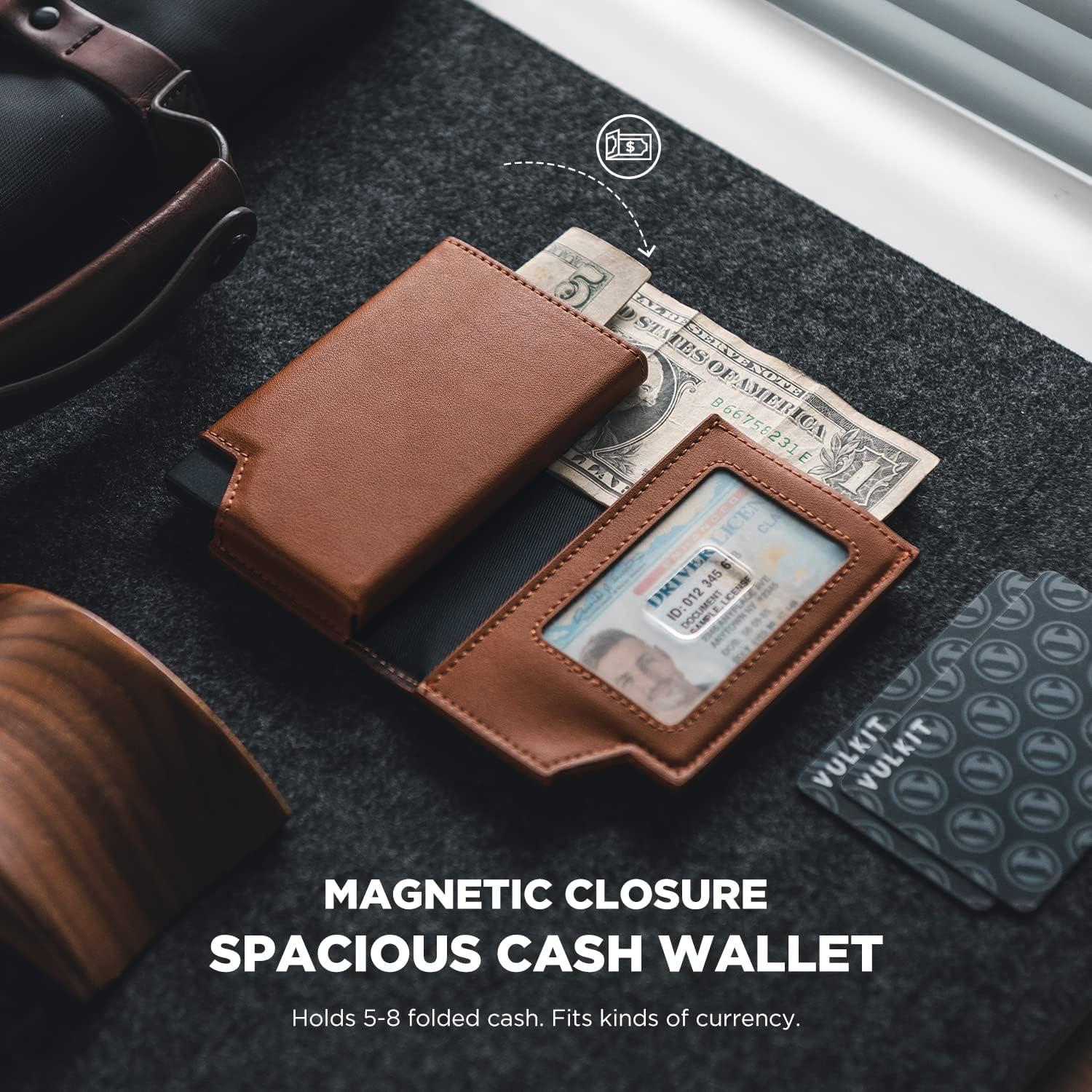 image:imageVULKIT Mens Wallet Top Grain Leather Minimalist Pop Up Card Holder RFID Blocking Magnetic Closure Leather Wallet with ID Window for Cash amp Credit Cards Up To 11 CardsBrown