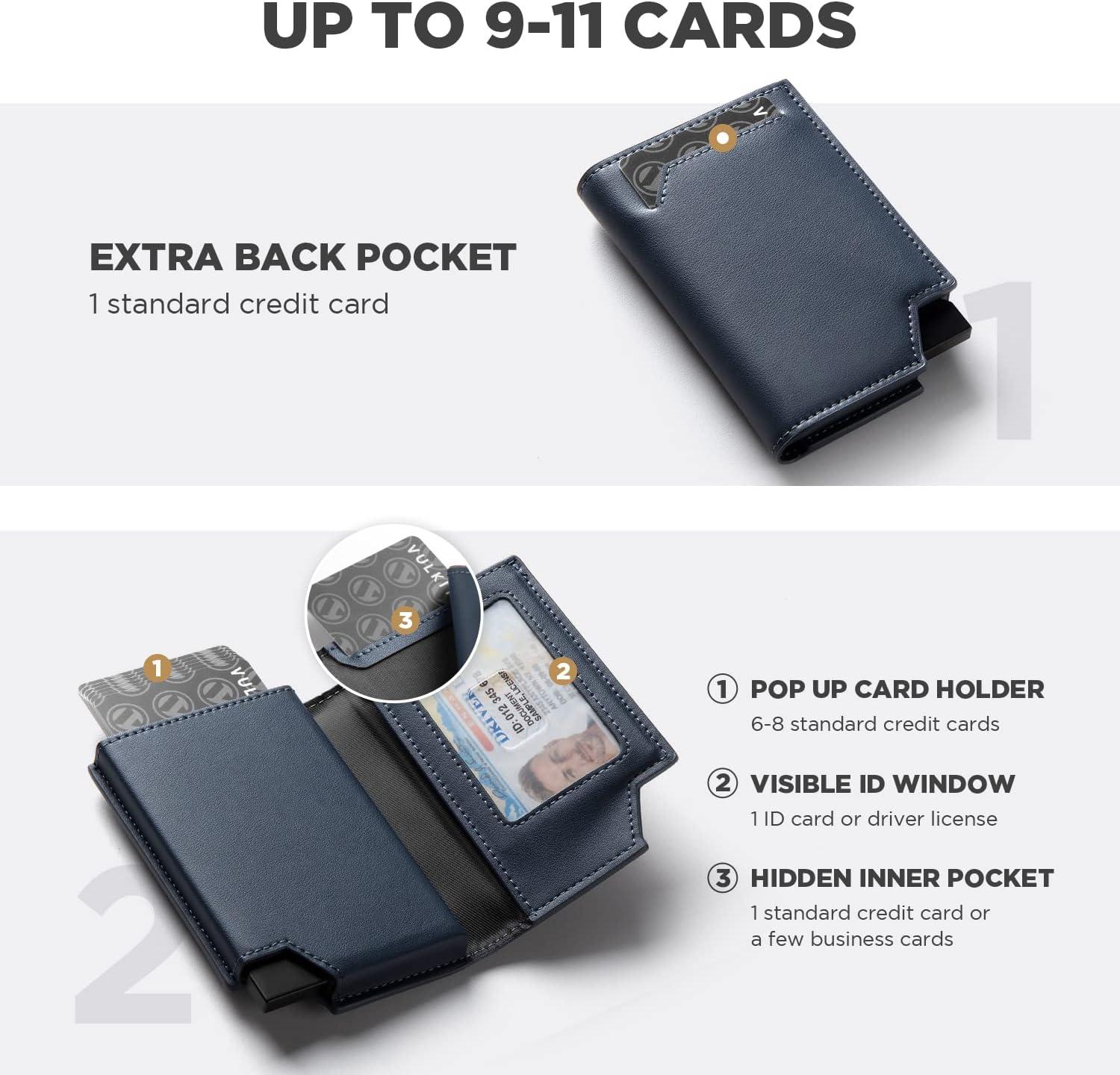 image:imageVULKIT Mens Wallet Top Grain Leather Minimalist Pop Up Card Holder RFID Blocking Magnetic Closure Leather Wallet with ID Window for Cash amp Credit Cards Up To 11 CardsNavy