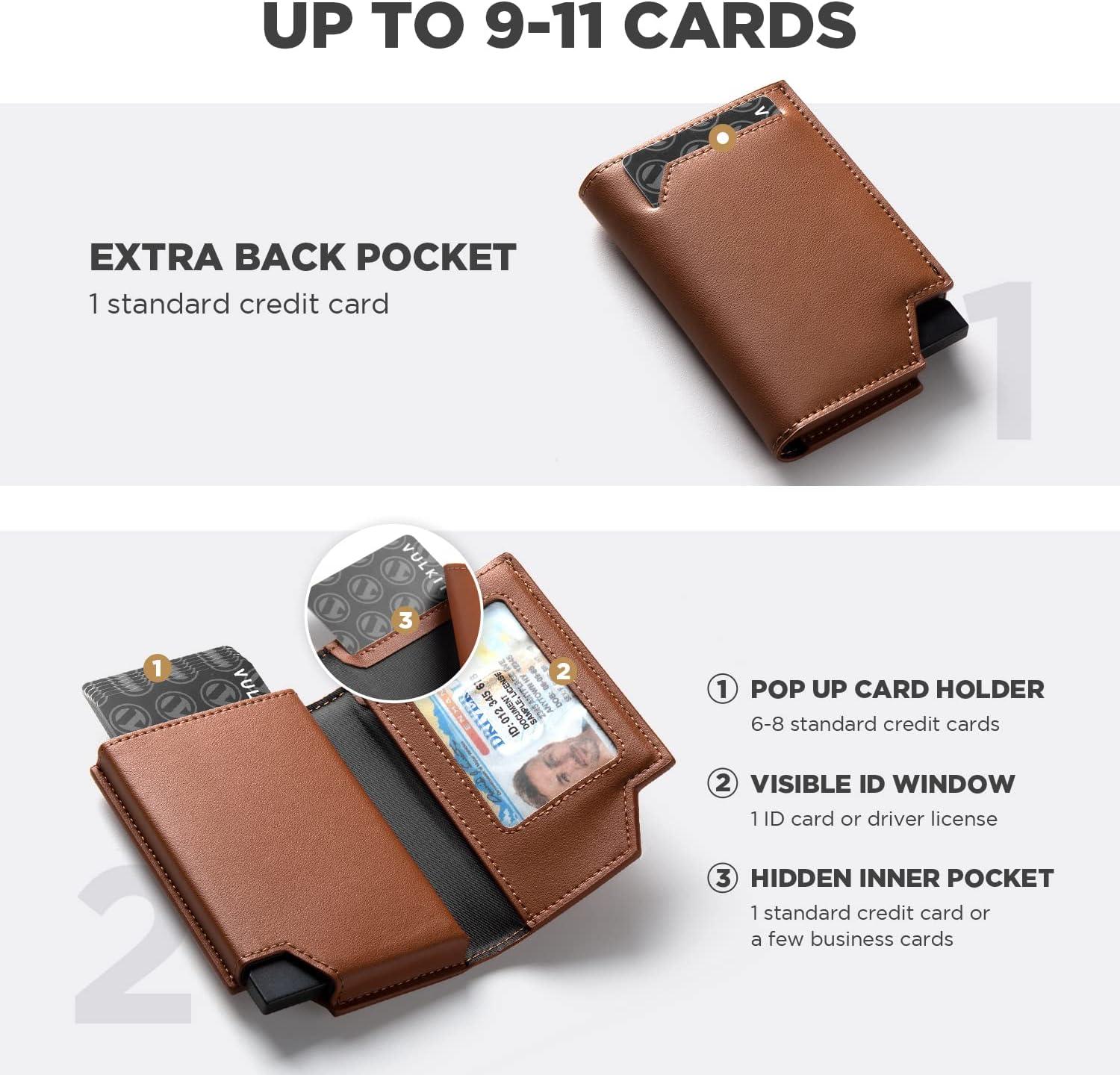 image:imageVULKIT Mens Wallet Top Grain Leather Minimalist Pop Up Card Holder RFID Blocking Magnetic Closure Leather Wallet with ID Window for Cash amp Credit Cards Up To 11 CardsBrown