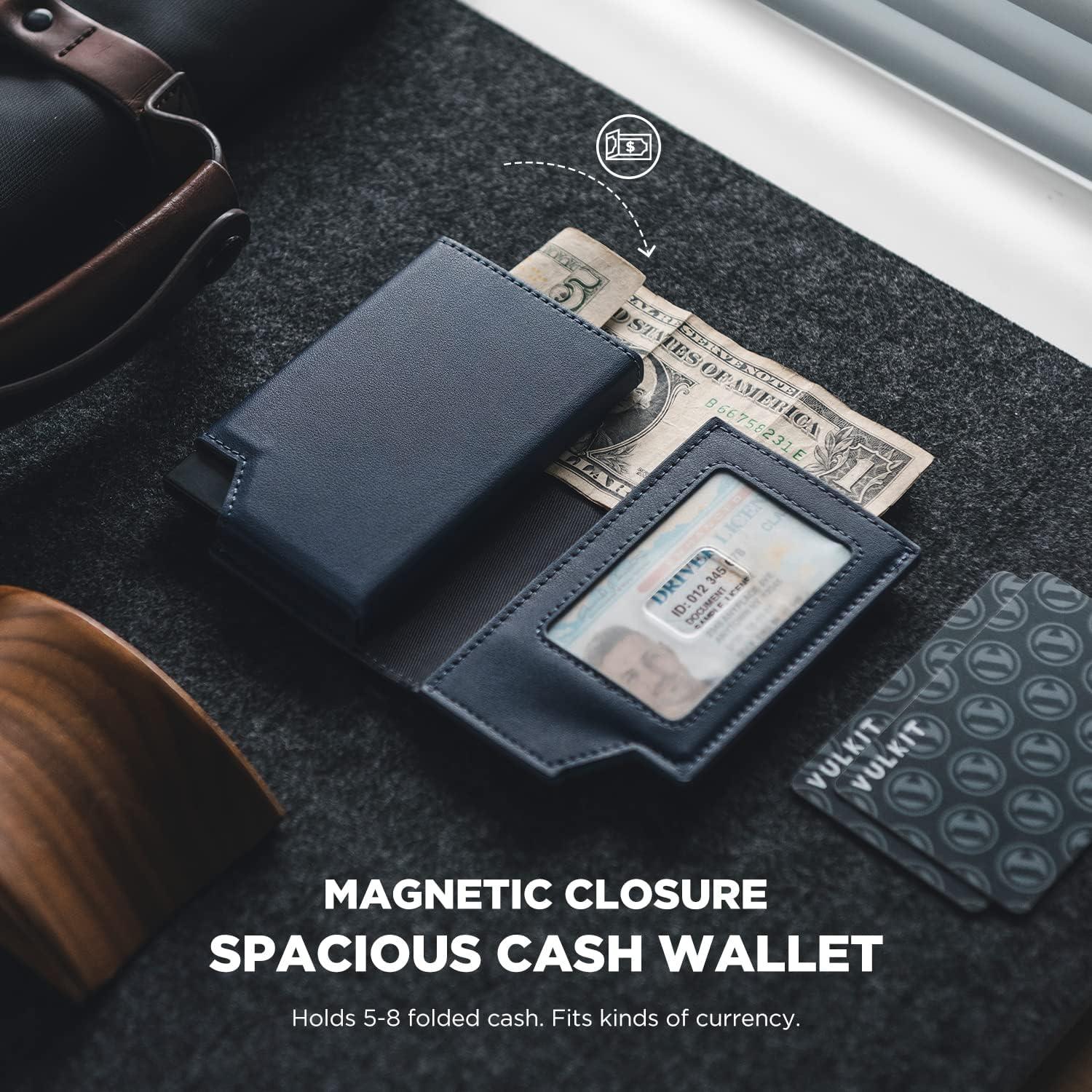 image:imageVULKIT Mens Wallet Top Grain Leather Minimalist Pop Up Card Holder RFID Blocking Magnetic Closure Leather Wallet with ID Window for Cash amp Credit Cards Up To 11 CardsNavy