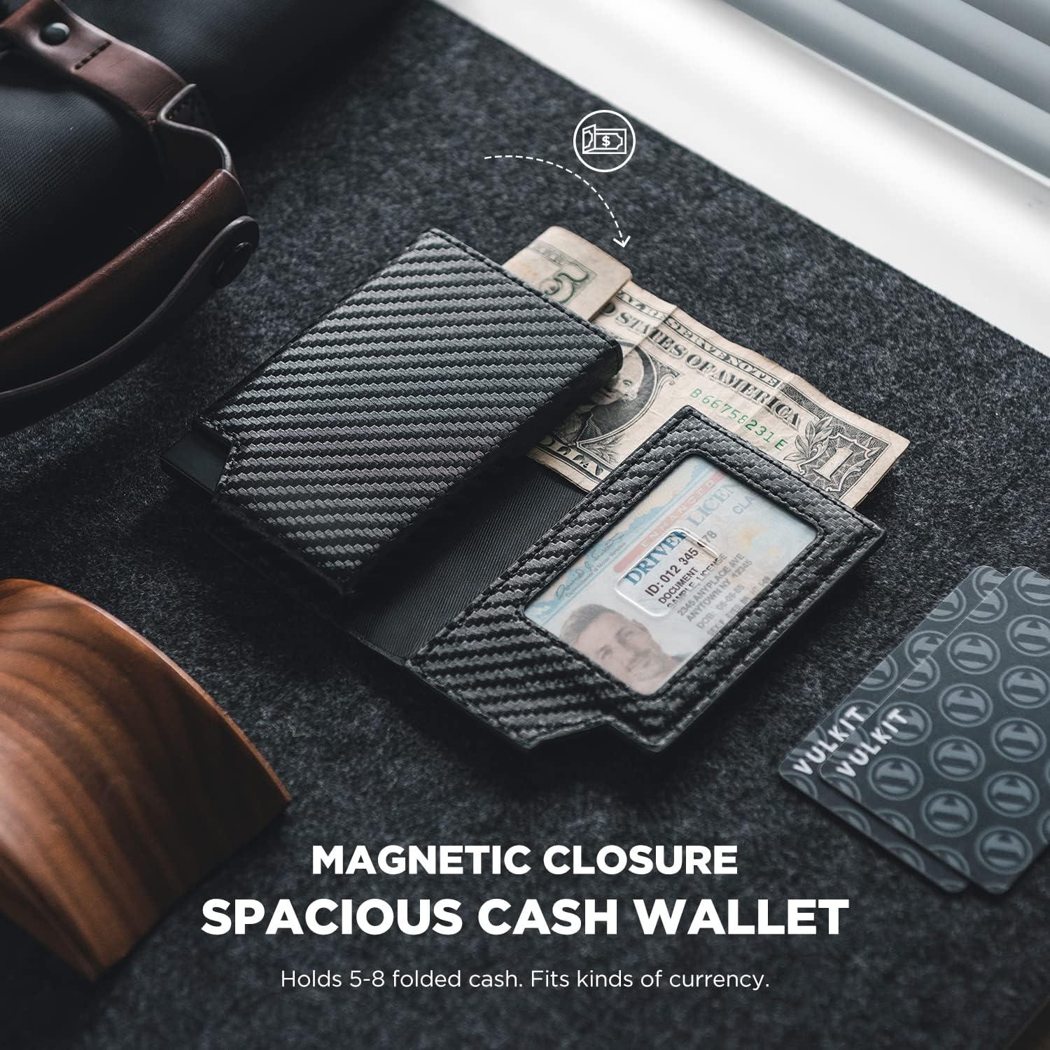image:imageVULKIT Mens Wallet Top Grain Leather Minimalist Pop Up Card Holder RFID Blocking Magnetic Closure Leather Wallet with ID Window for Cash amp Credit Cards Up To 11 CardsCF Black