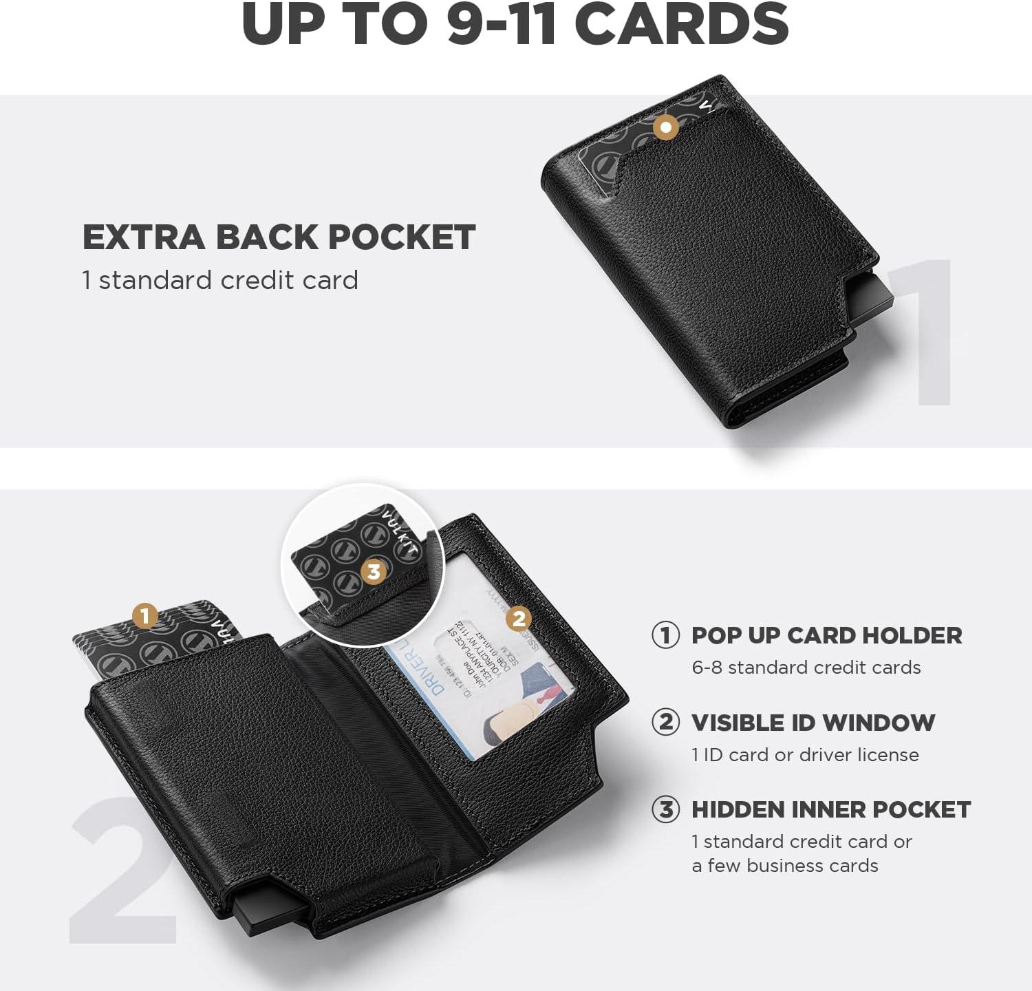 image:imageVULKIT Mens Wallet Top Grain Leather Minimalist Pop Up Card Holder RFID Blocking Magnetic Closure Leather Wallet with ID Window for Cash amp Credit Cards Up To 11 CardsTop Grain LeatherBlack