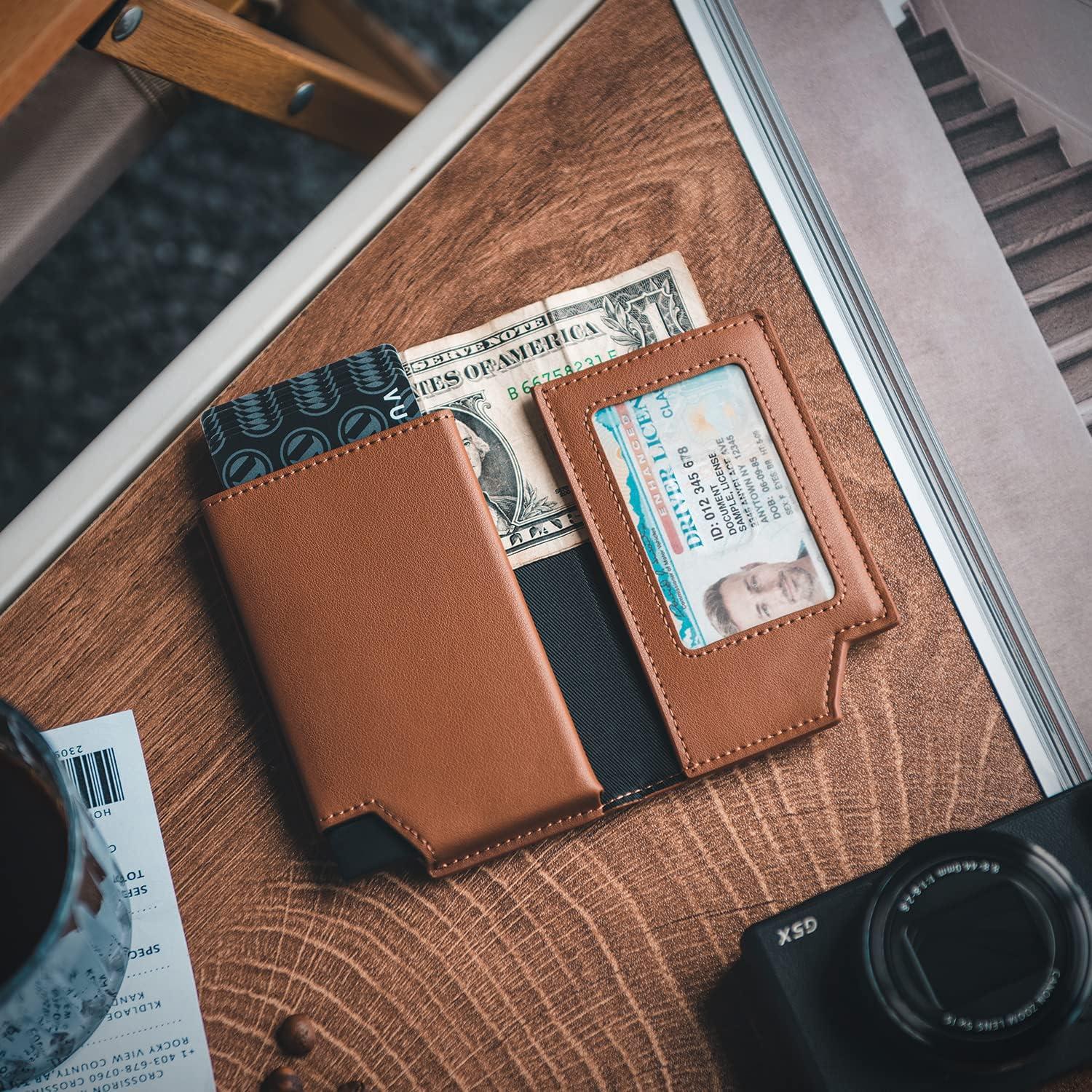 image:imageVULKIT Mens Wallet Top Grain Leather Minimalist Pop Up Card Holder RFID Blocking Magnetic Closure Leather Wallet with ID Window for Cash amp Credit Cards Up To 11 CardsBrown
