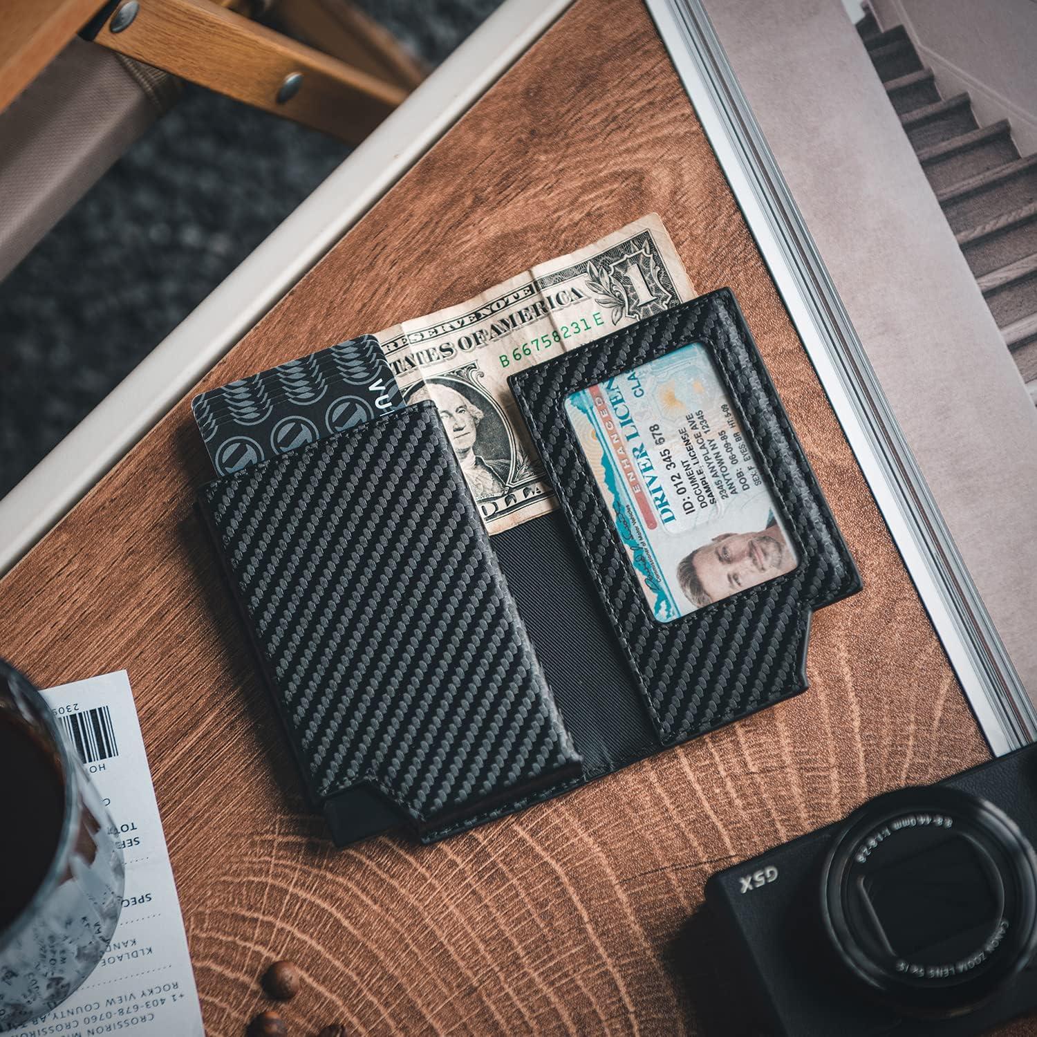 image:imageVULKIT Mens Wallet Top Grain Leather Minimalist Pop Up Card Holder RFID Blocking Magnetic Closure Leather Wallet with ID Window for Cash amp Credit Cards Up To 11 CardsCF Black