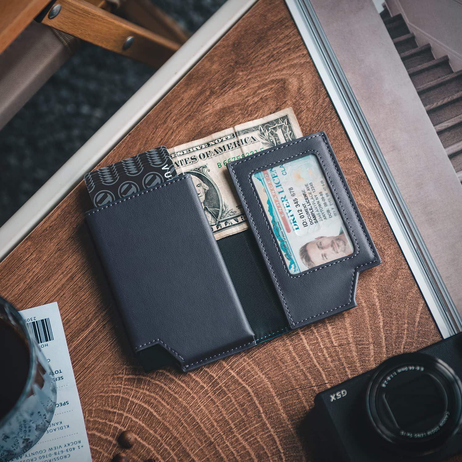 image:imageVULKIT Mens Wallet Top Grain Leather Minimalist Pop Up Card Holder RFID Blocking Magnetic Closure Leather Wallet with ID Window for Cash amp Credit Cards Up To 11 CardsNavy