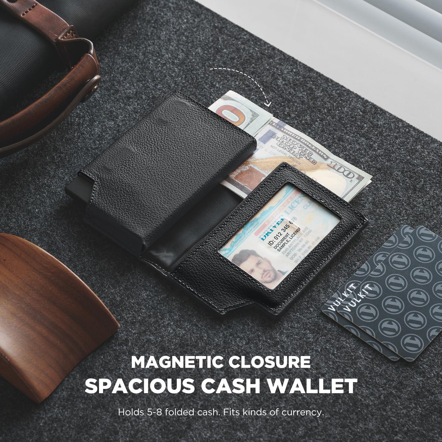image:imageVULKIT Mens Wallet Top Grain Leather Minimalist Pop Up Card Holder RFID Blocking Magnetic Closure Leather Wallet with ID Window for Cash amp Credit Cards Up To 11 CardsTop Grain LeatherBlack