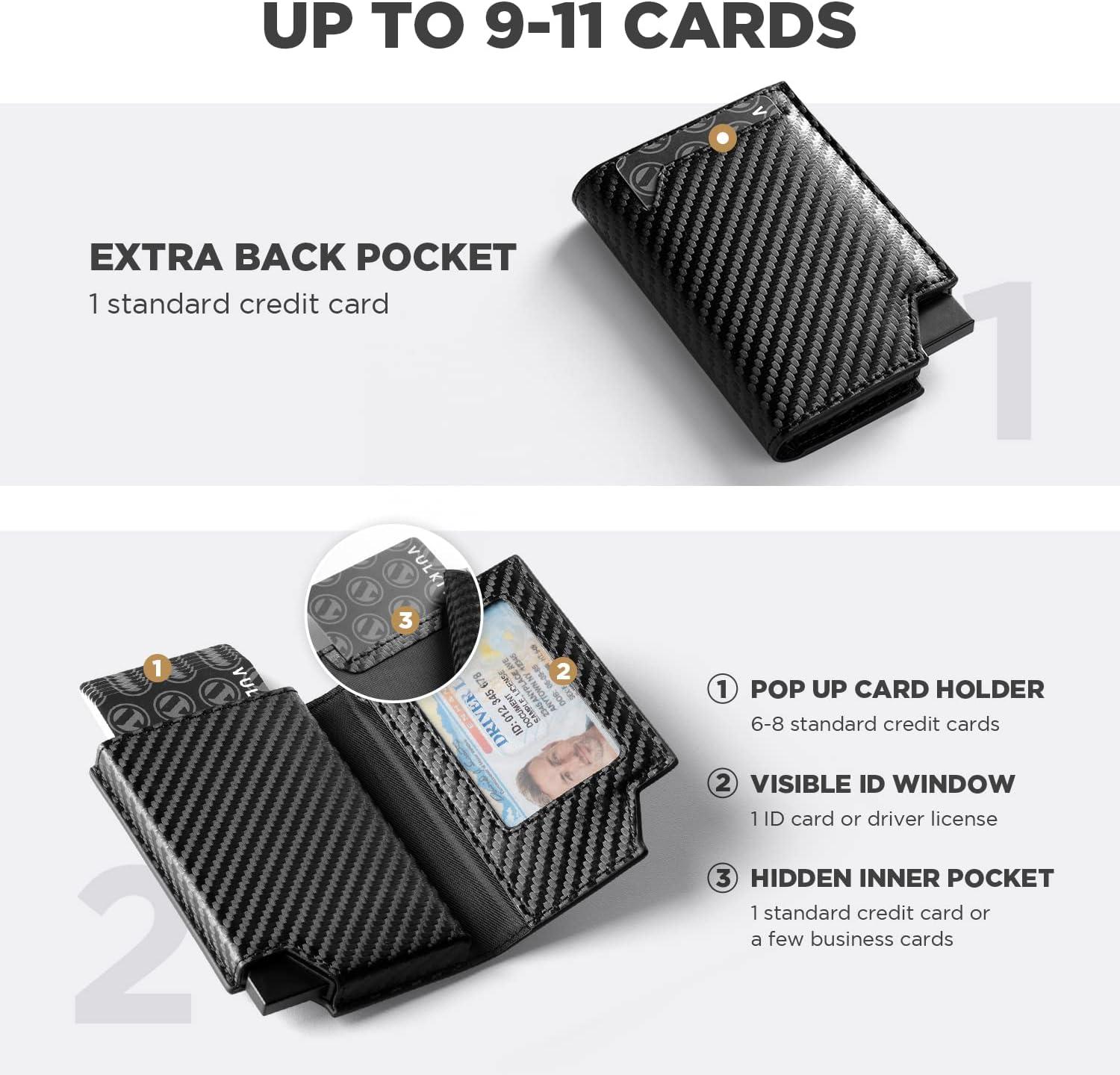 image:imageVULKIT Mens Wallet Top Grain Leather Minimalist Pop Up Card Holder RFID Blocking Magnetic Closure Leather Wallet with ID Window for Cash amp Credit Cards Up To 11 CardsCF Black