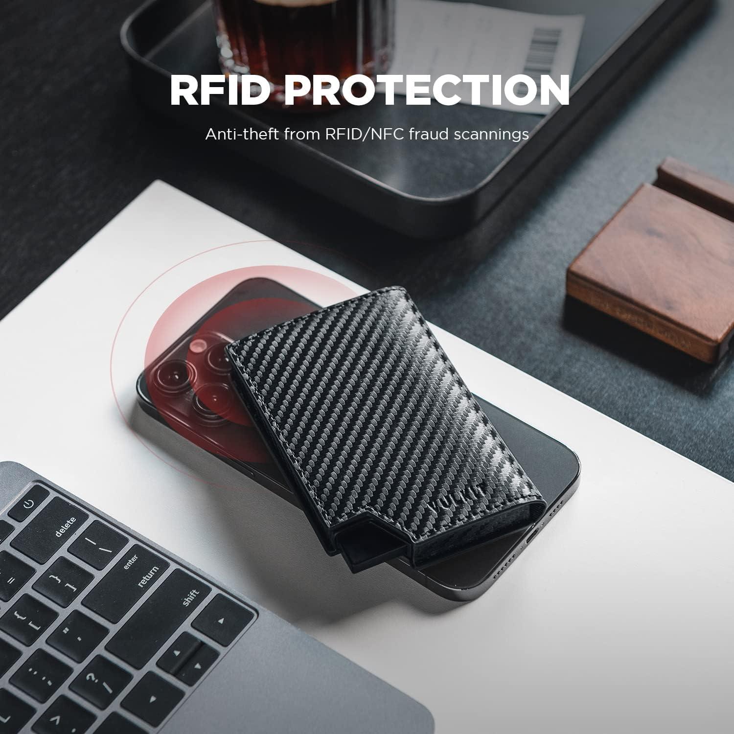 image:imageVULKIT Mens Wallet Top Grain Leather Minimalist Pop Up Card Holder RFID Blocking Magnetic Closure Leather Wallet with ID Window for Cash amp Credit Cards Up To 11 CardsCF Black