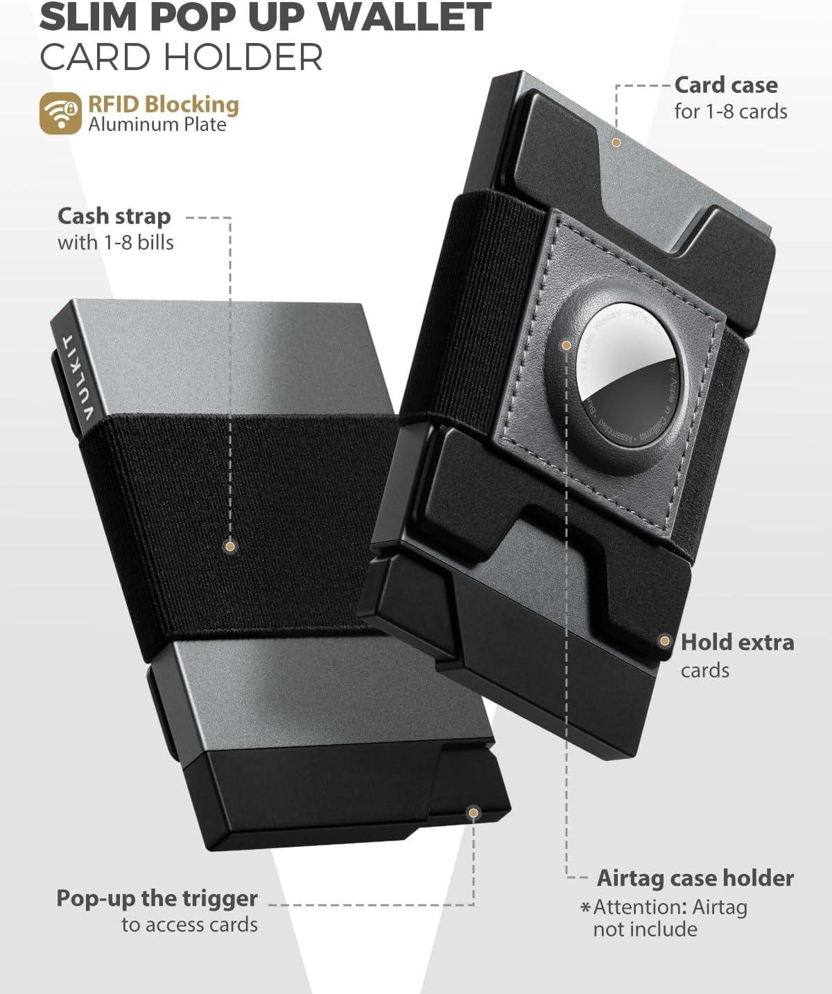 image:imageVULKIT Mens Wallet With AirTag Holder RFID Blocking Aluminum Pop Up Card Holder With Expandable Backplate Holds 12 Cards and Cash for Men and Women GreenSpace Grey