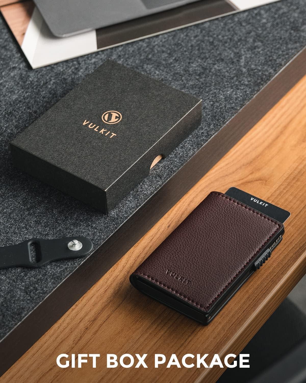image:imageVULKIT Minimalist Card Holder Wallet Top Grain Leather Pop Up Cards RFID Protection Holds Up to 10 Cards Magnetic ClosureLitchi Dark Brown