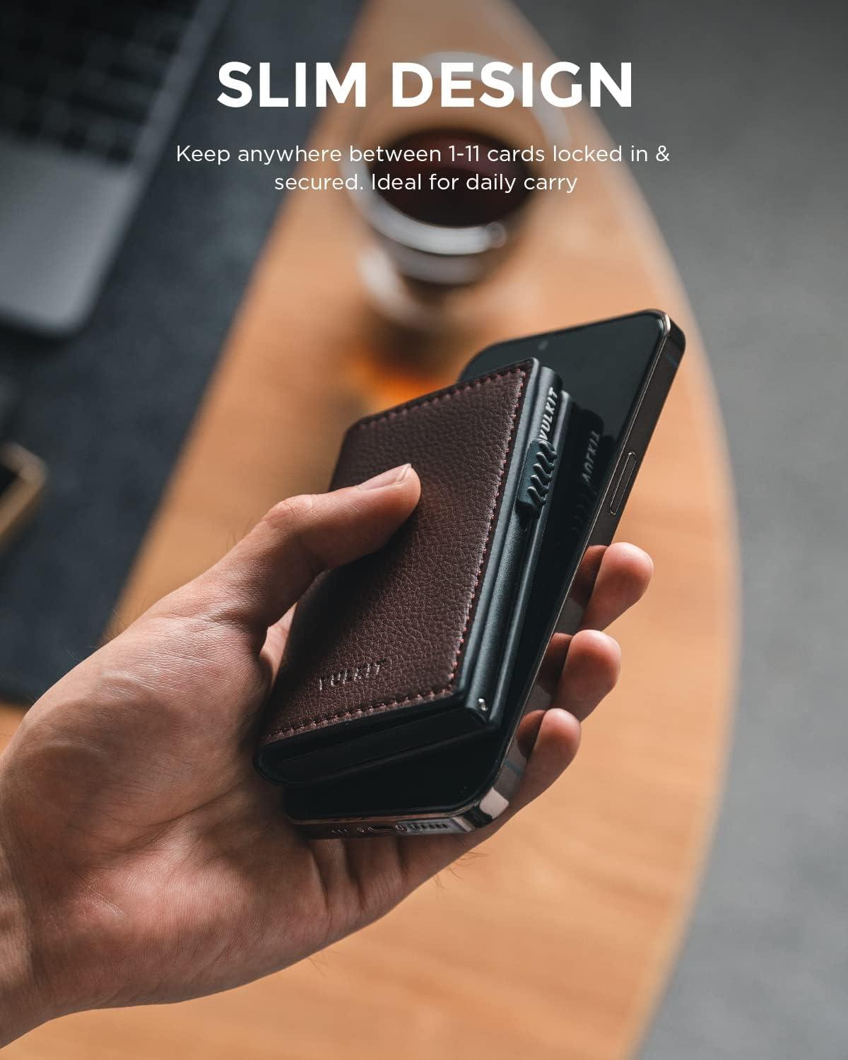 image:imageVULKIT Minimalist Card Holder Wallet Top Grain Leather Pop Up Cards RFID Protection Holds Up to 10 Cards Magnetic ClosureLitchi Dark Brown