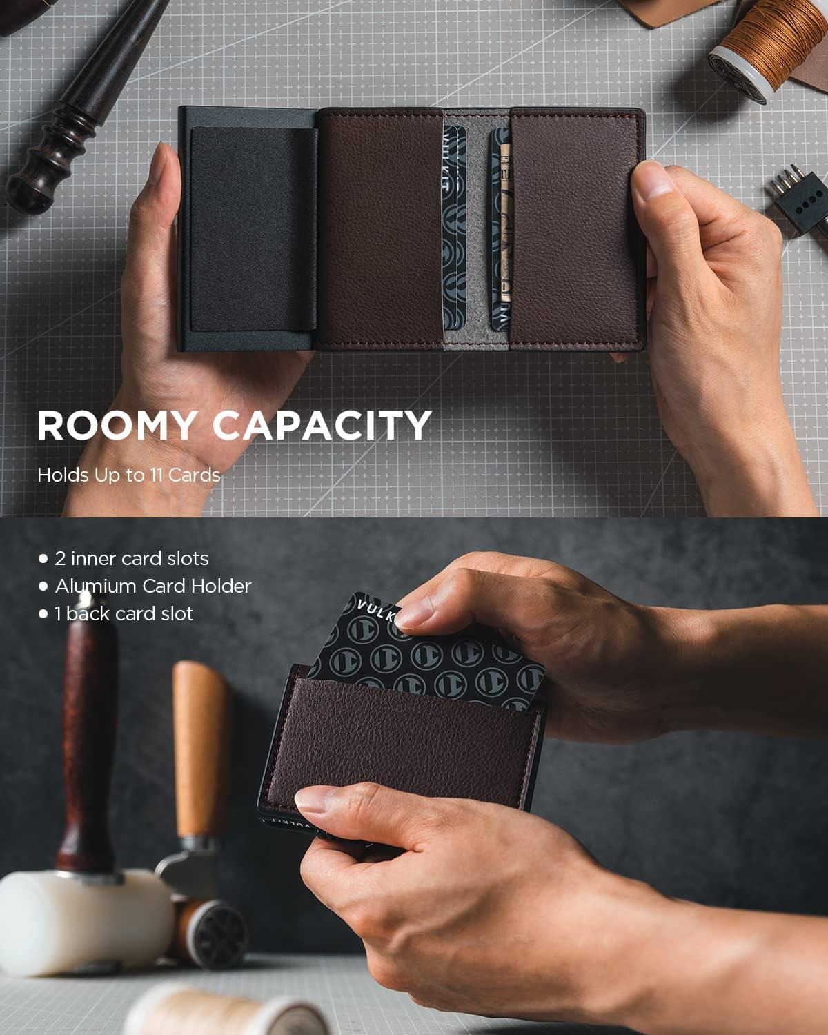 image:imageVULKIT Minimalist Card Holder Wallet Top Grain Leather Pop Up Cards RFID Protection Holds Up to 10 Cards Magnetic ClosureLitchi Dark Brown