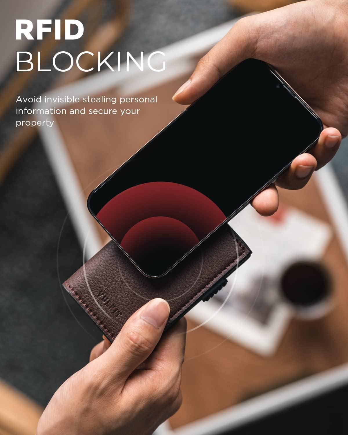 image:imageVULKIT Minimalist Card Holder Wallet Top Grain Leather Pop Up Cards RFID Protection Holds Up to 10 Cards Magnetic ClosureLitchi Dark Brown