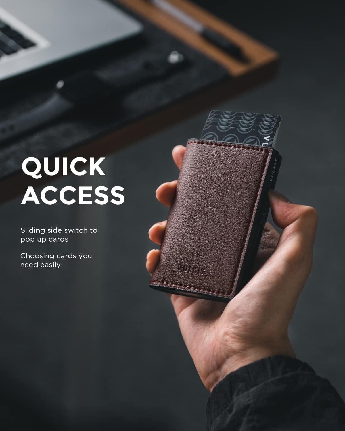 image:imageVULKIT Minimalist Card Holder Wallet Top Grain Leather Pop Up Cards RFID Protection Holds Up to 10 Cards Magnetic ClosureLitchi Dark Brown