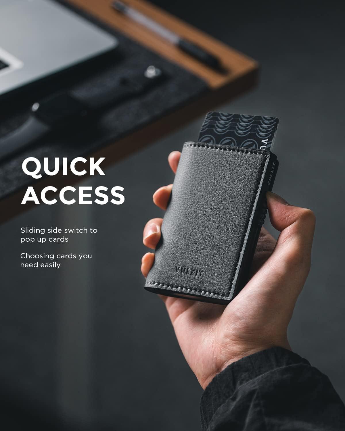 image:imageVULKIT Minimalist Card Holder Wallet Top Grain Leather Pop Up Cards RFID Protection Holds Up to 10 Cards Magnetic ClosureLitchi Iron Grey