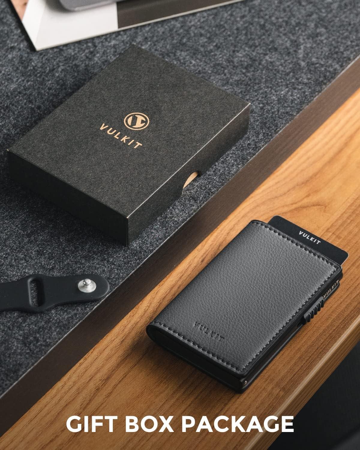 image:imageVULKIT Minimalist Card Holder Wallet Top Grain Leather Pop Up Cards RFID Protection Holds Up to 10 Cards Magnetic ClosureLitchi Iron Grey
