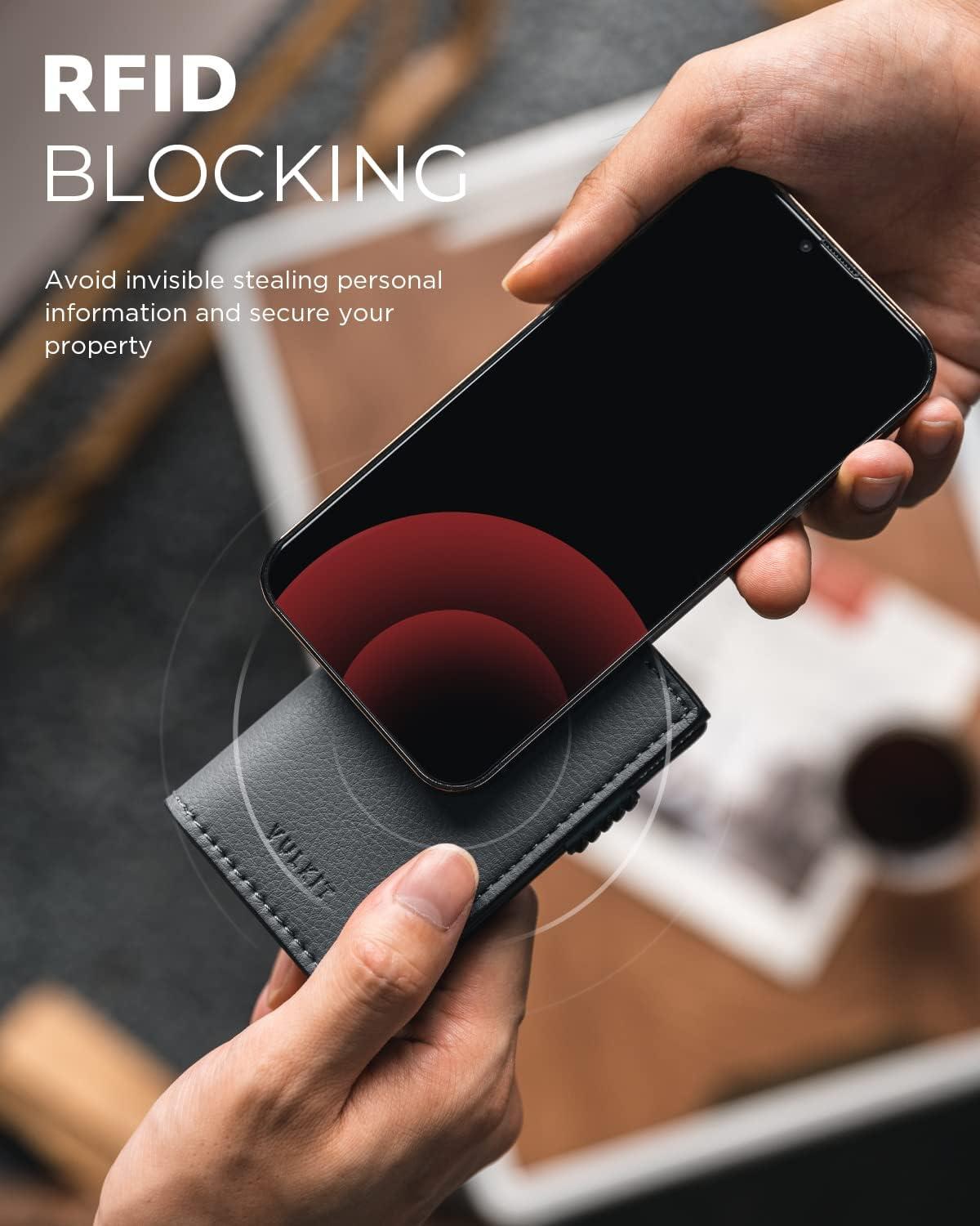 image:imageVULKIT Minimalist Card Holder Wallet Top Grain Leather Pop Up Cards RFID Protection Holds Up to 10 Cards Magnetic ClosureLitchi Iron Grey