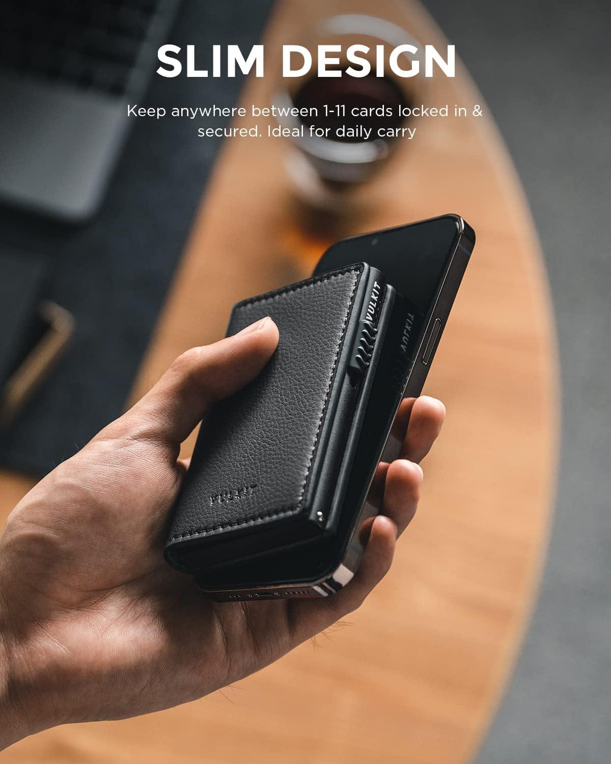 image:imageVULKIT Minimalist Card Holder Wallet Top Grain Leather Pop Up Cards RFID Protection Holds Up to 10 Cards Magnetic ClosureLitchi Iron Grey