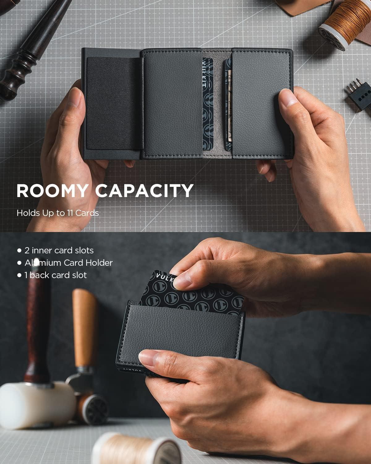 image:imageVULKIT Minimalist Card Holder Wallet Top Grain Leather Pop Up Cards RFID Protection Holds Up to 10 Cards Magnetic ClosureLitchi Iron Grey