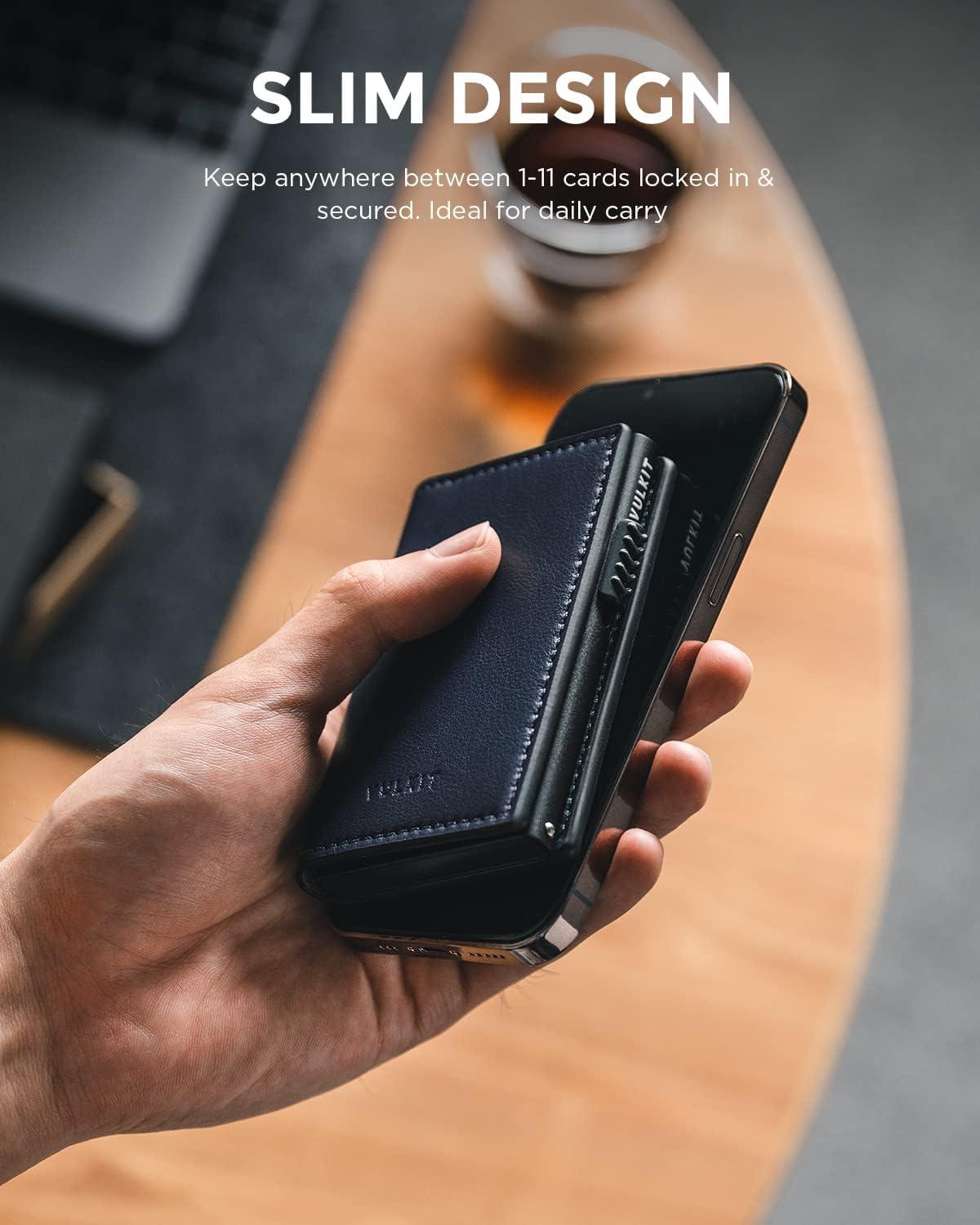 image:imageVULKIT Minimalist Card Holder Wallet Top Grain Leather Pop Up Cards RFID Protection Holds Up to 10 Cards Magnetic ClosureLitchi Navy