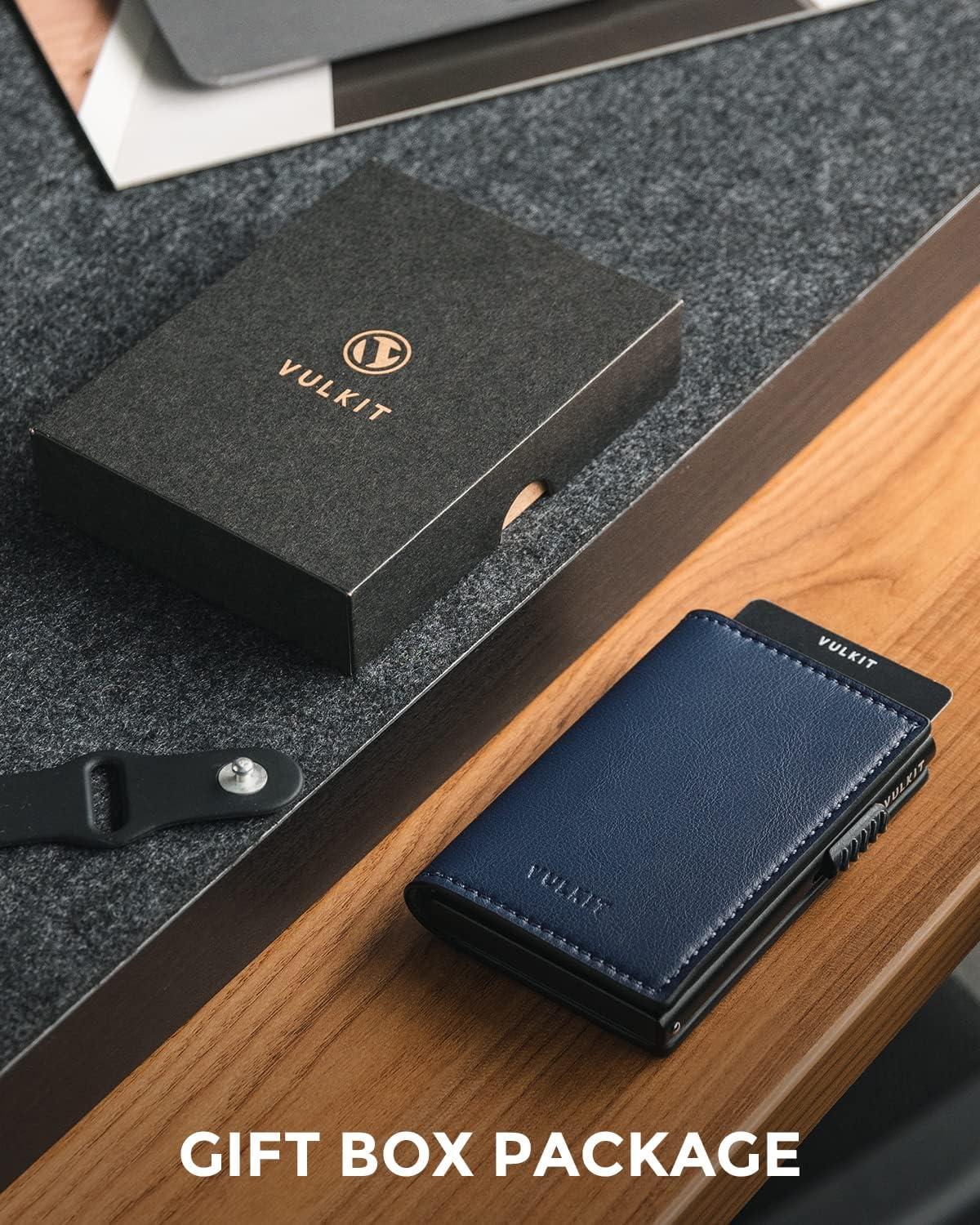 image:imageVULKIT Minimalist Card Holder Wallet Top Grain Leather Pop Up Cards RFID Protection Holds Up to 10 Cards Magnetic ClosureLitchi Navy