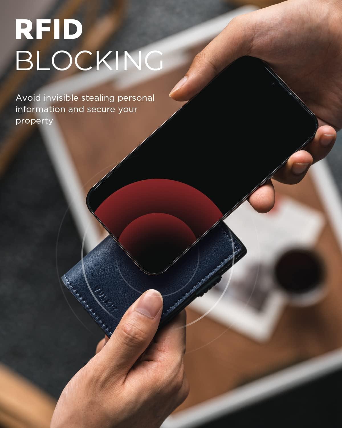 image:imageVULKIT Minimalist Card Holder Wallet Top Grain Leather Pop Up Cards RFID Protection Holds Up to 10 Cards Magnetic ClosureLitchi Navy