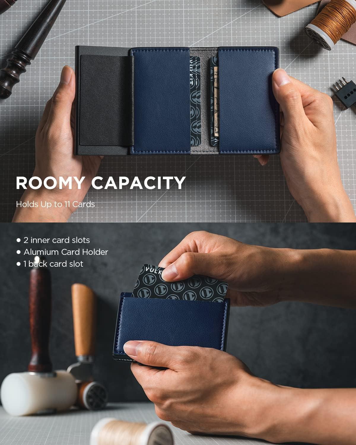 image:imageVULKIT Minimalist Card Holder Wallet Top Grain Leather Pop Up Cards RFID Protection Holds Up to 10 Cards Magnetic ClosureLitchi Navy