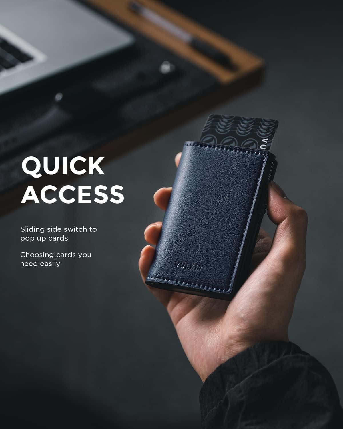 image:imageVULKIT Minimalist Card Holder Wallet Top Grain Leather Pop Up Cards RFID Protection Holds Up to 10 Cards Magnetic ClosureLitchi Navy