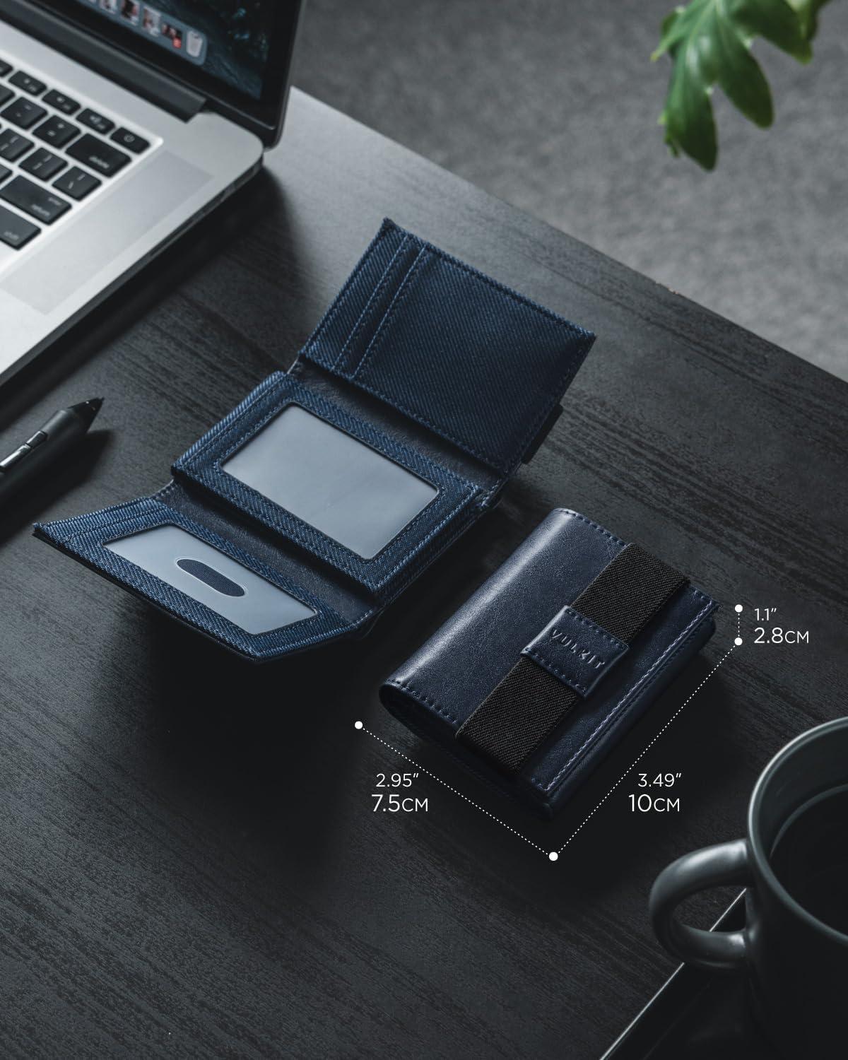 image:imageVULKIT Minimalist Leather Rfid Blocking Trifold Wallet with Elastic Band Credit Card Holder with 3 ID windows amp Zipper Pocket for Men BlackBlue