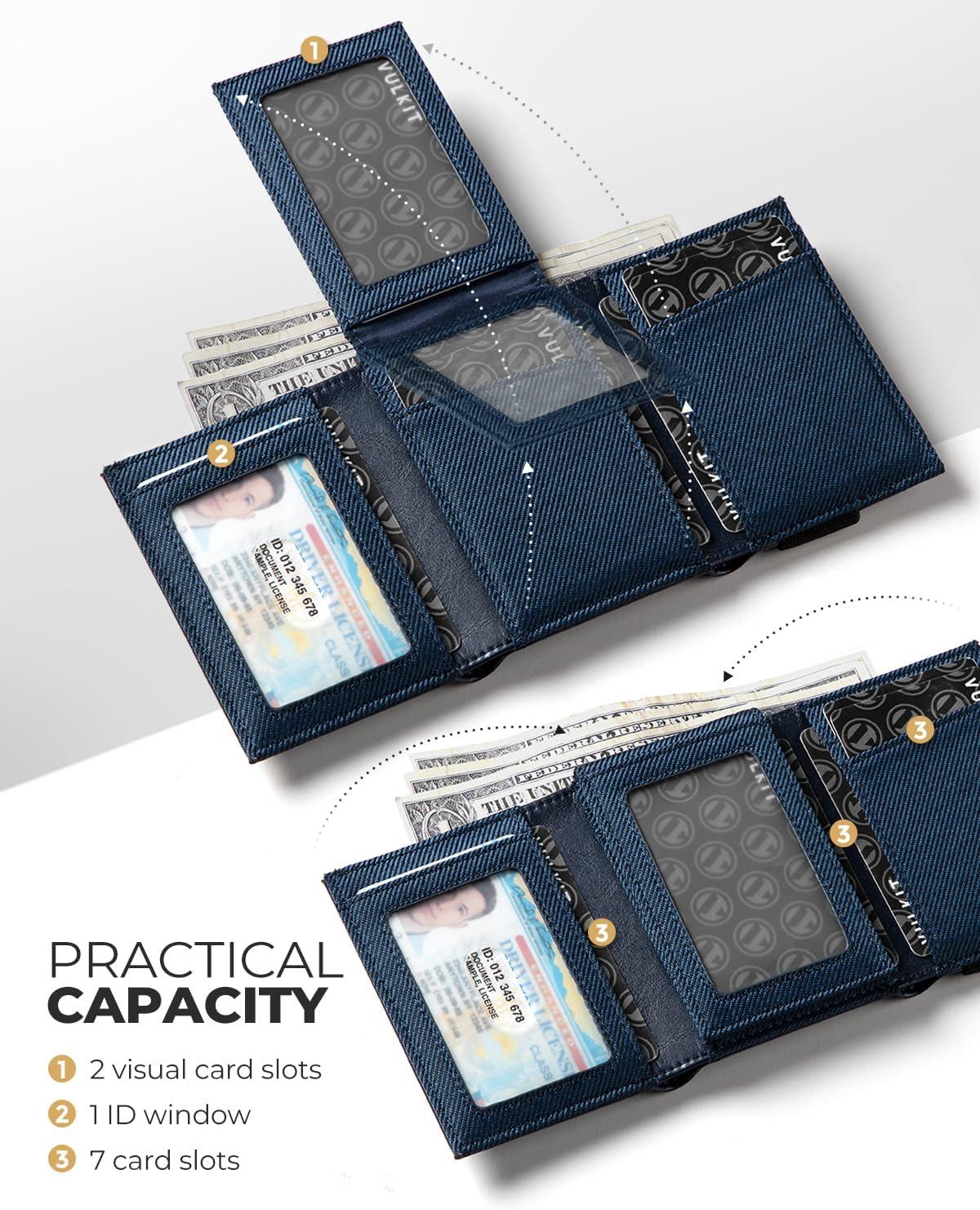 image:imageVULKIT Minimalist Leather Rfid Blocking Trifold Wallet with Elastic Band Credit Card Holder with 3 ID windows amp Zipper Pocket for Men BlackBlue