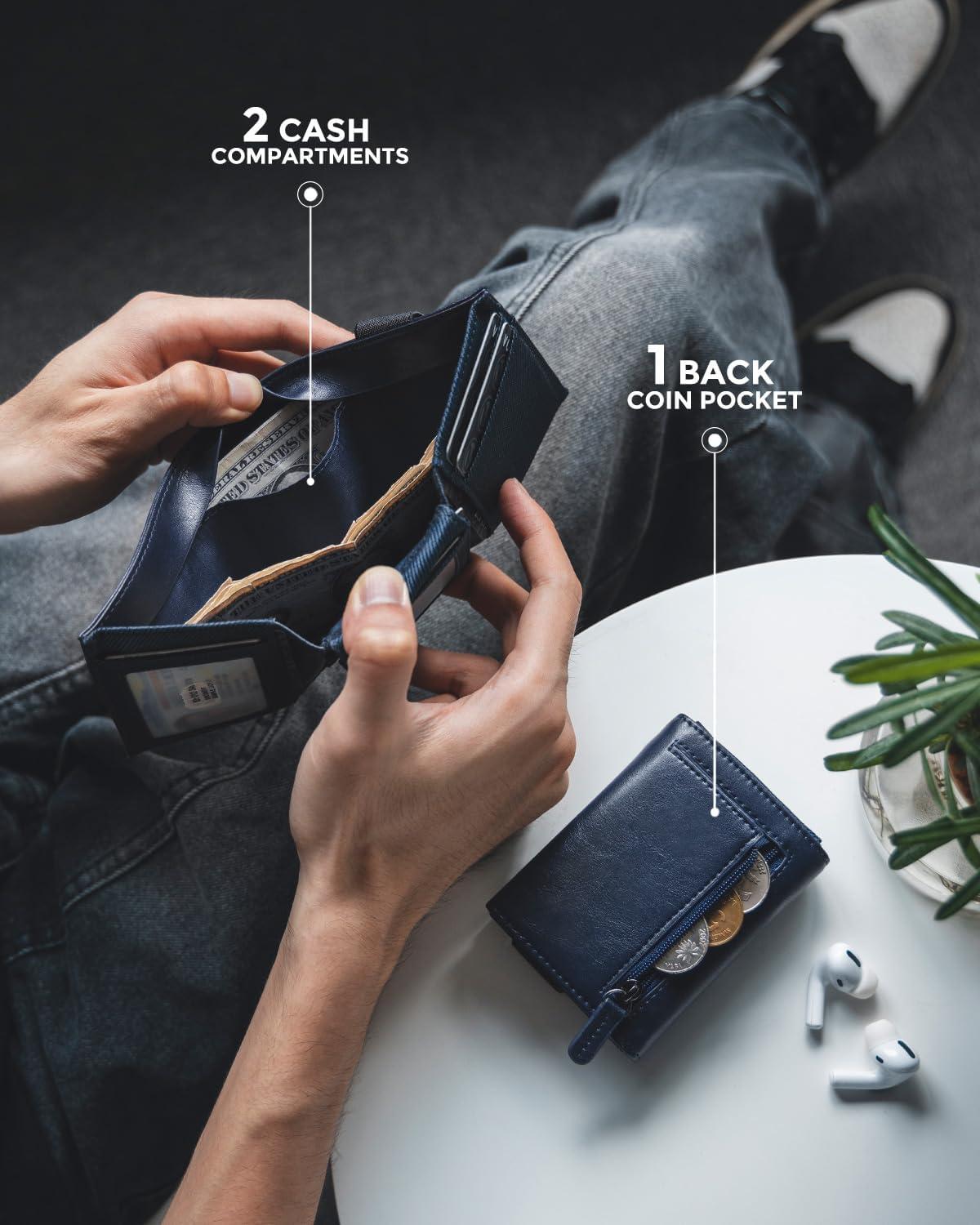 image:imageVULKIT Minimalist Leather Rfid Blocking Trifold Wallet with Elastic Band Credit Card Holder with 3 ID windows amp Zipper Pocket for Men BlackBlue