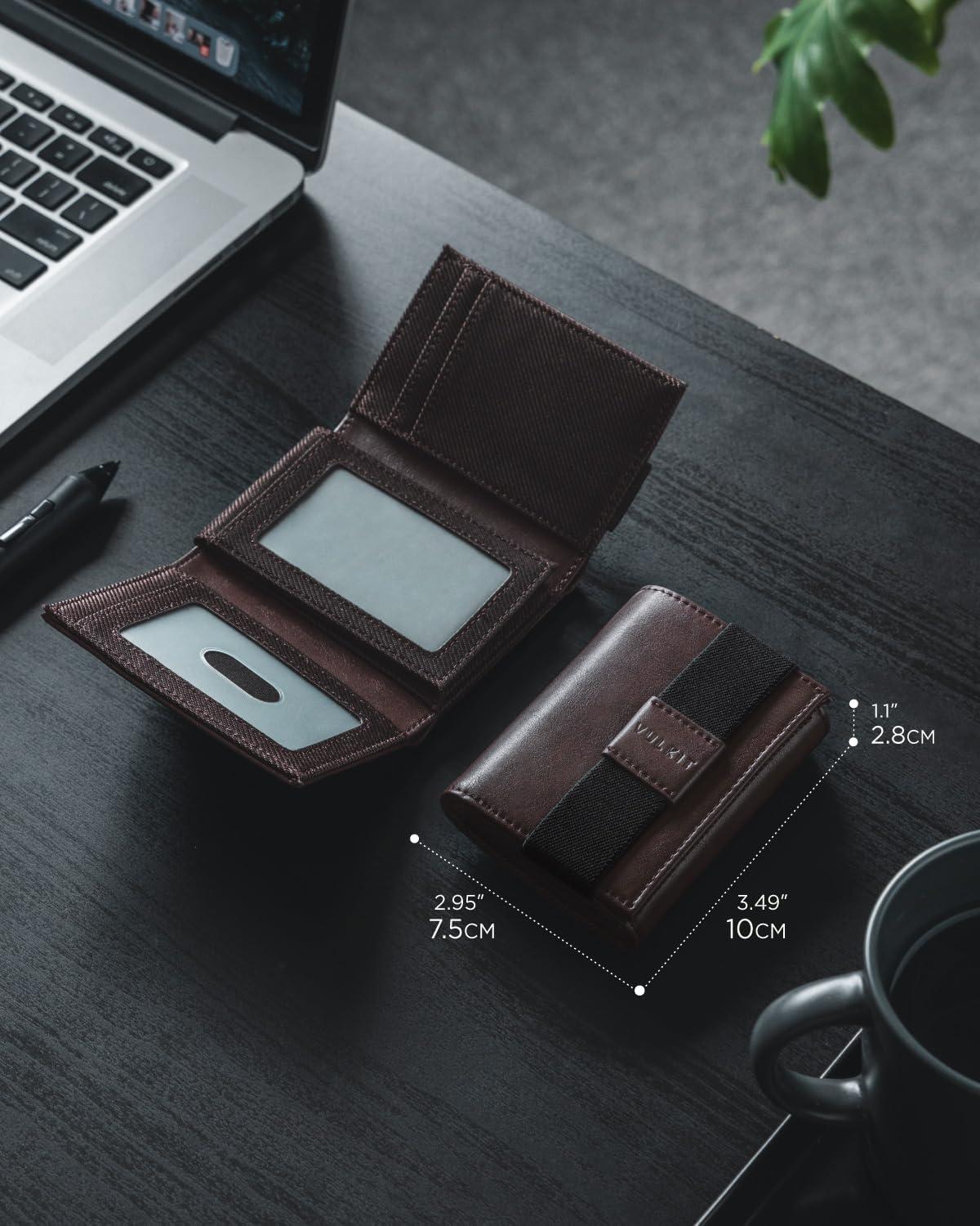 image:imageVULKIT Minimalist Leather Rfid Blocking Trifold Wallet with Elastic Band Credit Card Holder with 3 ID windows amp Zipper Pocket for Men BlackBrown