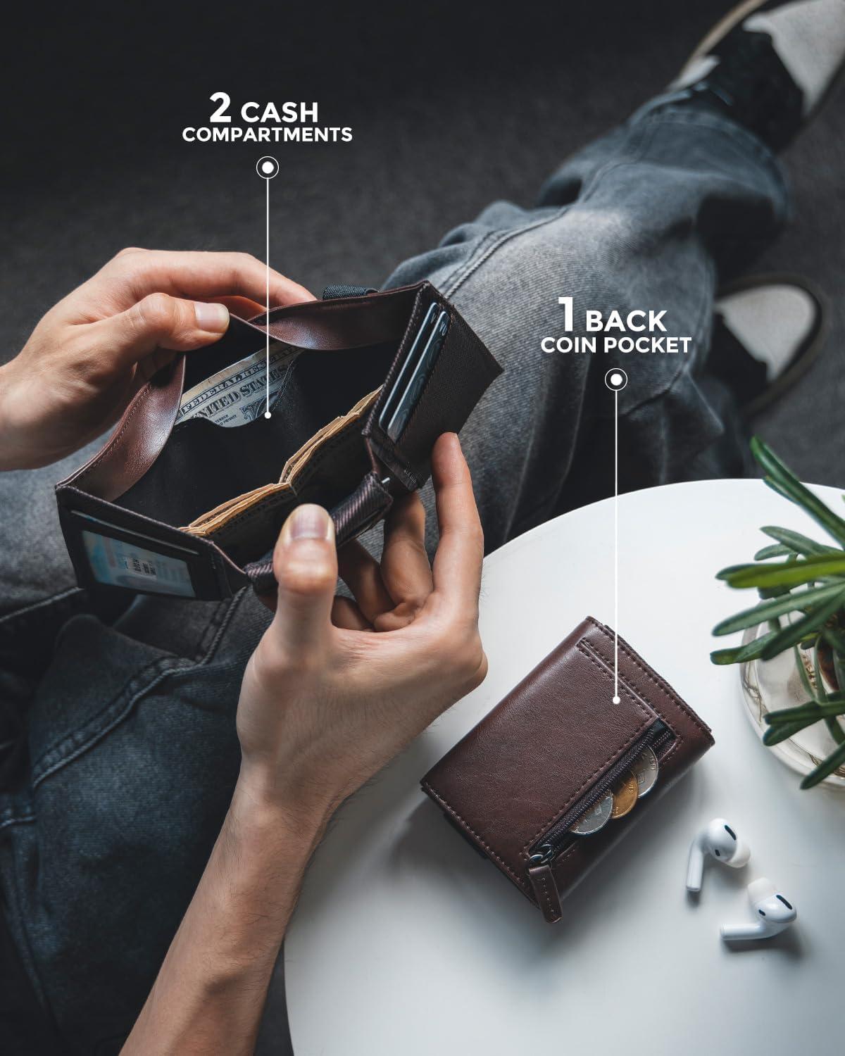 image:imageVULKIT Minimalist Leather Rfid Blocking Trifold Wallet with Elastic Band Credit Card Holder with 3 ID windows amp Zipper Pocket for Men BlackBrown