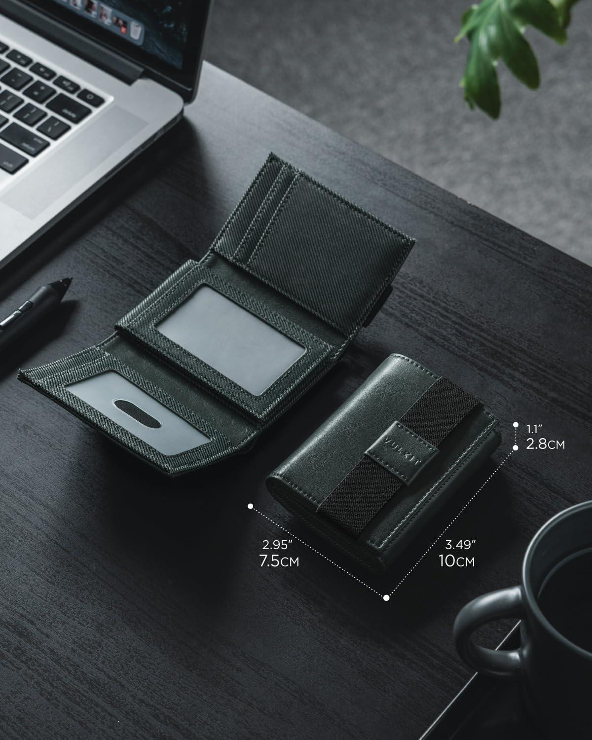 image:imageVULKIT Minimalist Leather Rfid Blocking Trifold Wallet with Elastic Band Credit Card Holder with 3 ID windows amp Zipper Pocket for Men BlackGreen