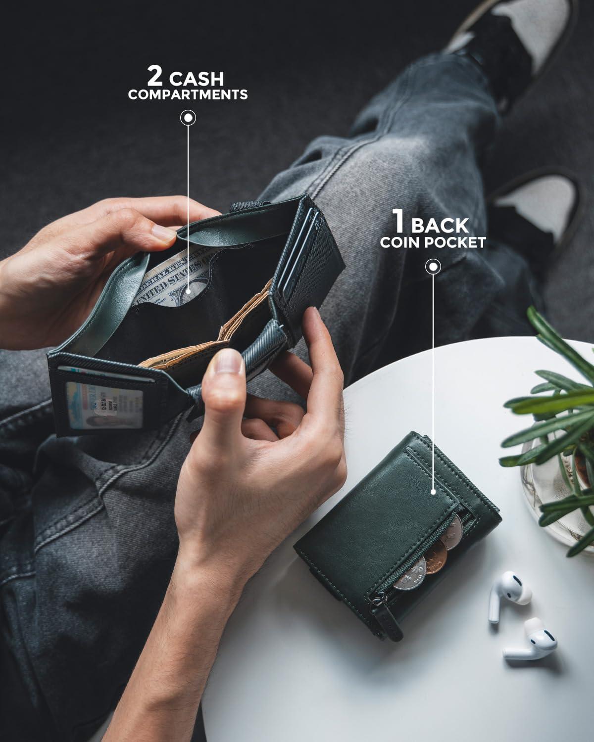 image:imageVULKIT Minimalist Leather Rfid Blocking Trifold Wallet with Elastic Band Credit Card Holder with 3 ID windows amp Zipper Pocket for Men BlackGreen