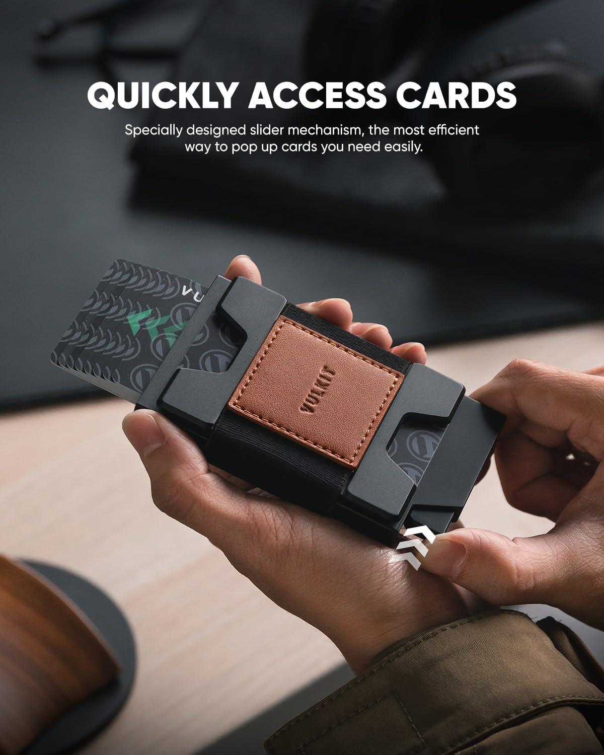 image:imageVULKIT Minimalist Pop Up Wallet RFID Blocking Aluminum Credit Card Holder with Expandable Backplate Holds 12 Cards and Cash for Men and Women NavyBrown